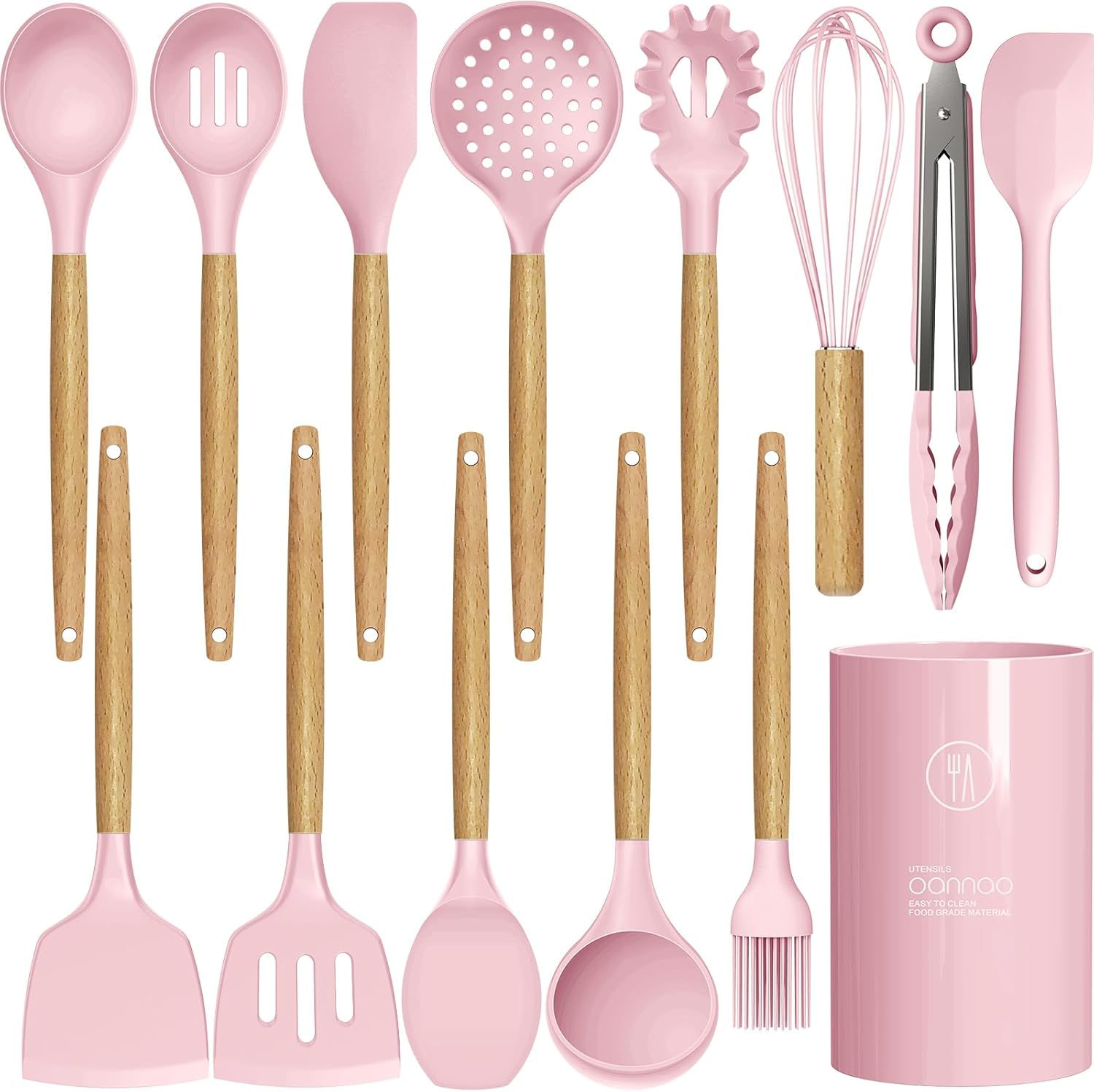Silicone Kitchen Utensils Set - 446&deg;F Heat Resistant Cooking Utensil Sets, Spatula,Turner,Tongs,Spoon,Brush,Whisk, Wooden Handle Silicone Kitchen Gadgets Tools for Non-Stick Cookware BPA Free (Pink) - Colorful image number 5