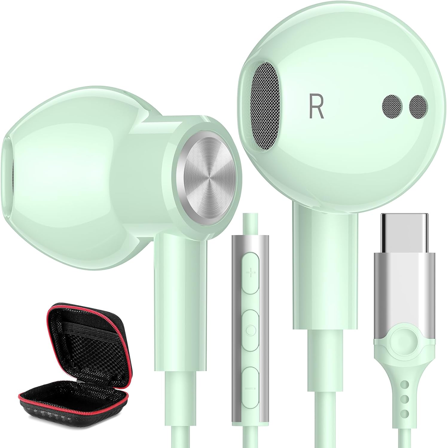 USB C Headphones Type C Earphone for Samsung Galaxy S25 Ultra S24 plus S23 S22 S21 Hifi DAC Magnetic for Apple Wired Earbud with Microphone for Iphone 15 16 Pro Max 16E Android Pixel 10 9 8 Mint Green