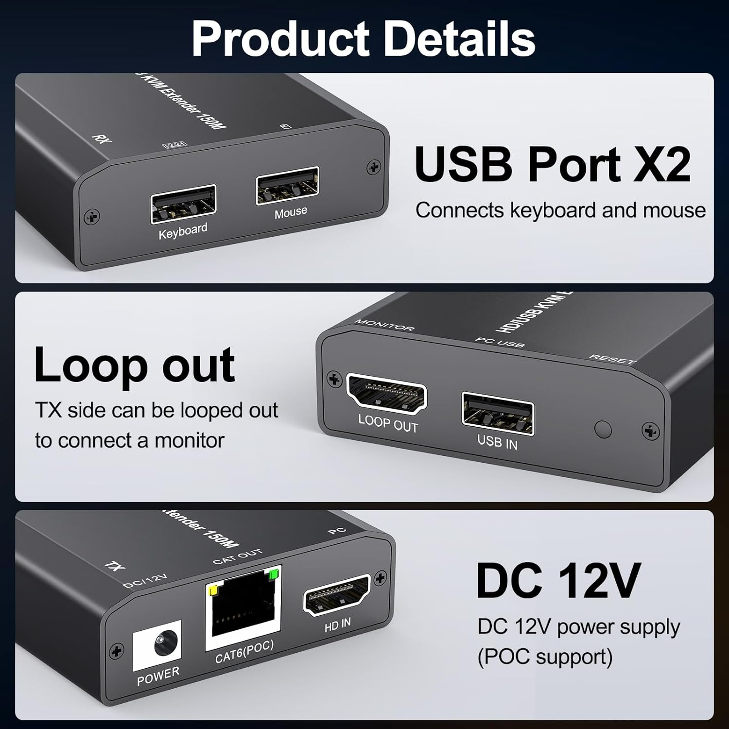 HDMI USB KVM Extender over Ethernet Cat6/7 1080P@60Hz USB and HDMI Transmitter and Receiver Kit with HDMI Loop Out Support Keyboard Mouse Control Remote HDMI Signal up to 150M/492FT image number 5