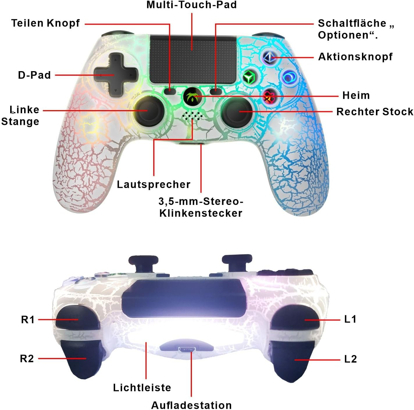 DYONDER Wireless Controller for PS4, Wireless Remote Gamepad with Unique Cracked Design/Dual Vibration/6-Axis Motion Sensor/Audio Function, Game Controller Widely Compatible with Ps4/Pc/Ios(White) image number 3