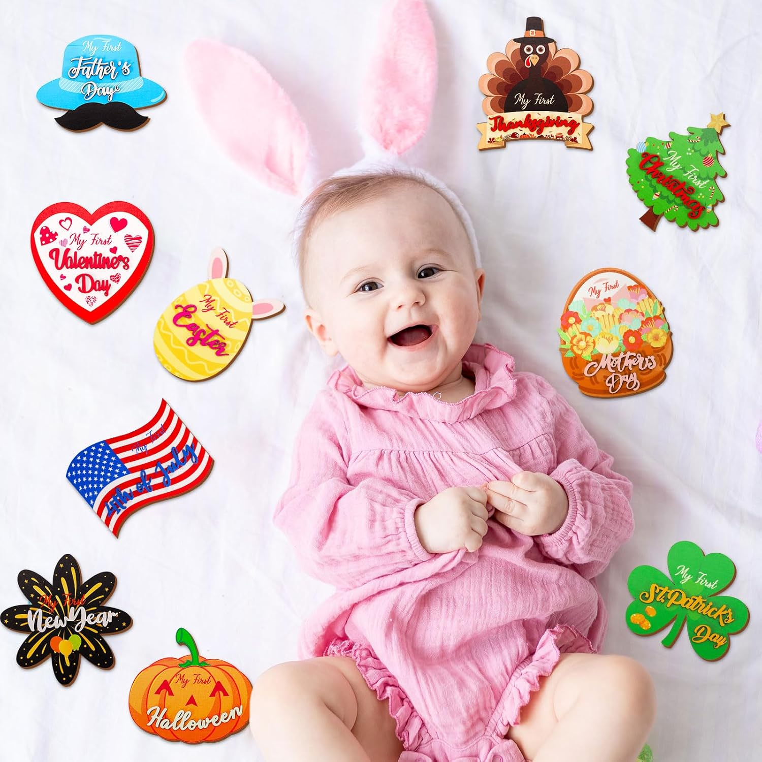 Whaline 10 Pcs My First Holiday Baby Milestone Cards Shaped Wooden Marker Announcement Sign for Pregnancy Newborn Baby Growth Photo Prop Decor Supplies image number 6