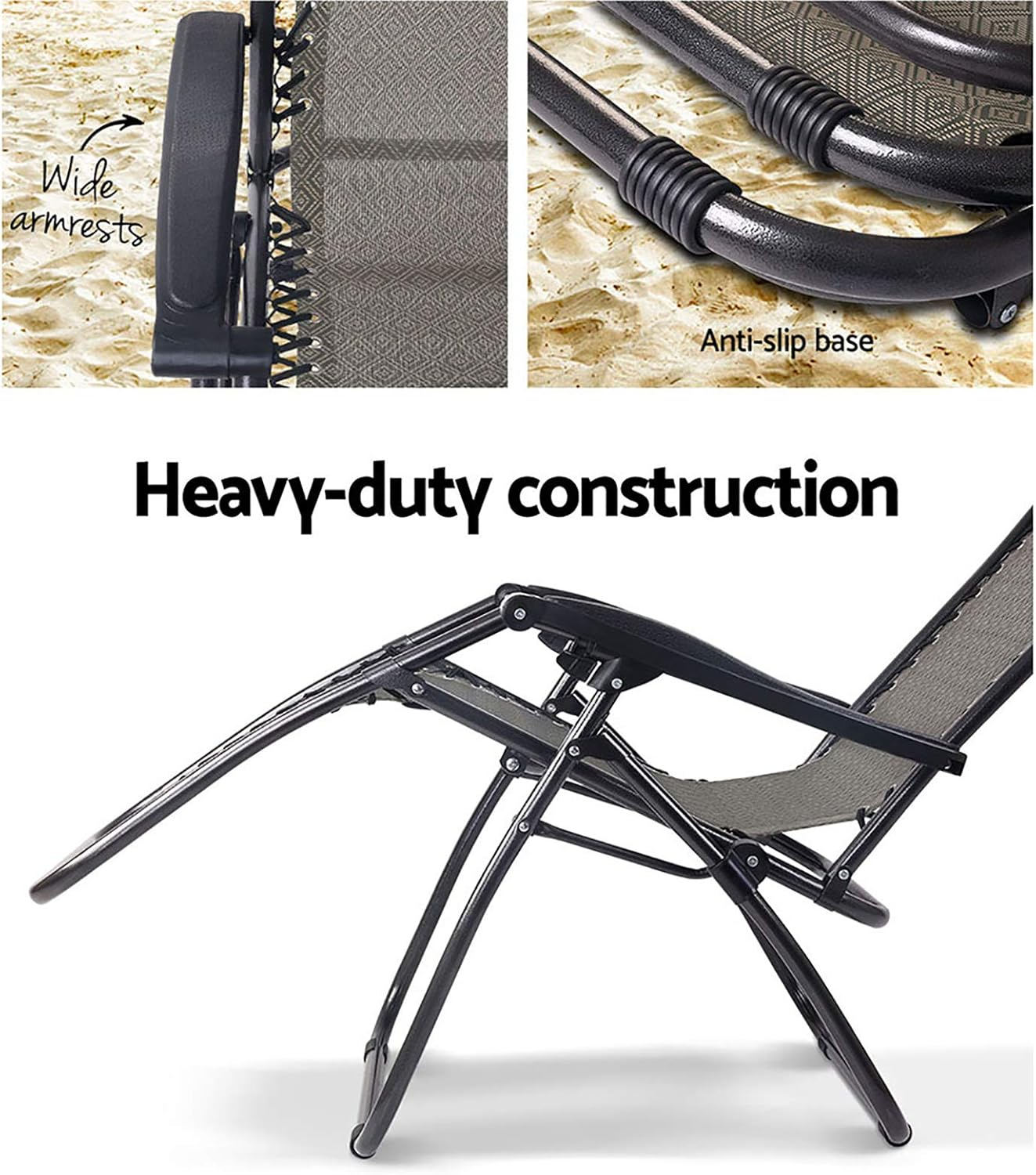 Gardeon Zero Gravity Portable Reclining Lounge Folding Outdoor Camping Beach Chair Beige - Black image number 6