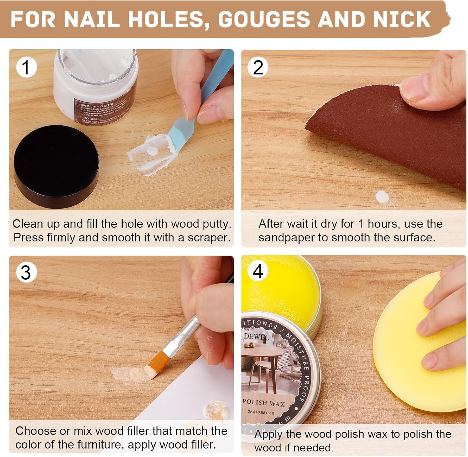 Furniture Repair Kit Wood Filler, Upgrade 6 Colors Oak Series Wood Floor Repair Kit, Filler Furniture Paint, Wood Putty & Wood Polish Repair Wood Floor, Crack, Holes, Laminate, Cabinet, Table, Oak image number 2