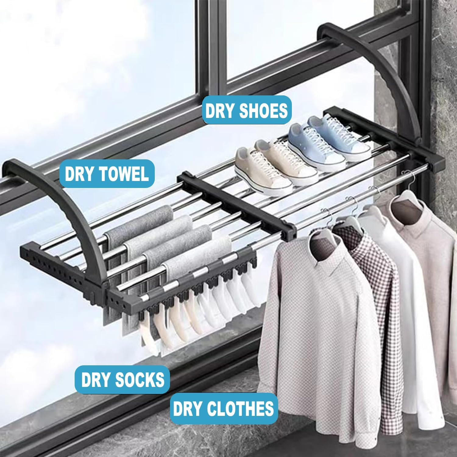 Portable Clothes Drying Rack for Balcony, Foldable Railings Windowsill, Retractable Radiator Clothes Airer,Folding Towel Rack Indoor Outdoor Travel RV Laundry Rack with Sock Clips for Drying Socks image number 4