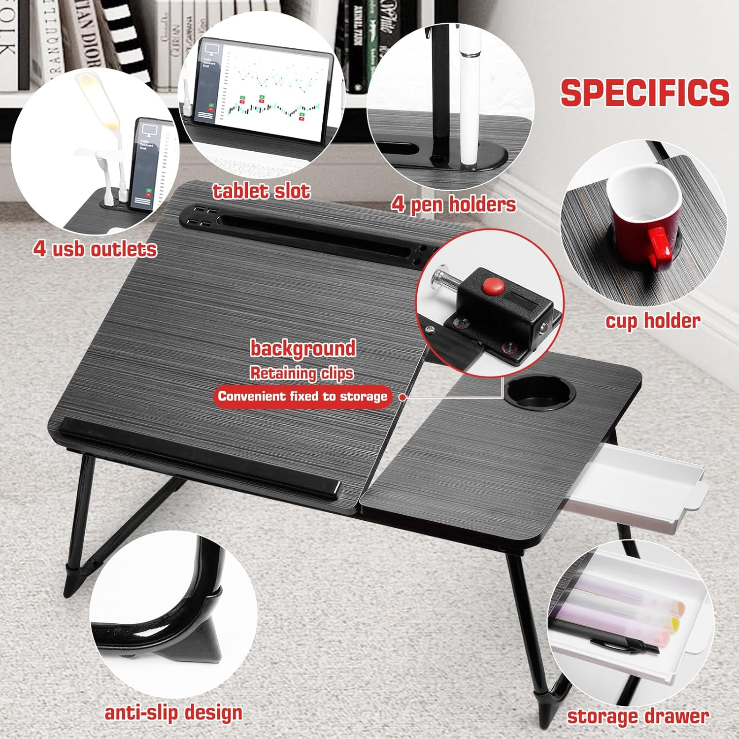 Cloudtrip plus XL Upgraded Laptop Desk with Light, Ipad Holder, Drawer Storage - Larger 23.6IN Size - Multifunctional Lap Desk for Bed, Home Office, Breakfast Tray, Fordable Legs Desk image number 6