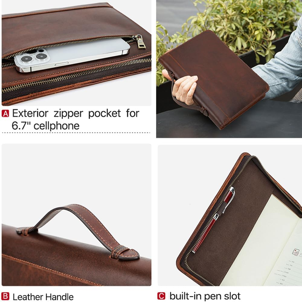 Contacts A5 Notepad Holder Full Grain Leather Portfolio for Work Legal Pad Padfolio Portable Notebook Folder with Zipper Closure and Handle image number 5