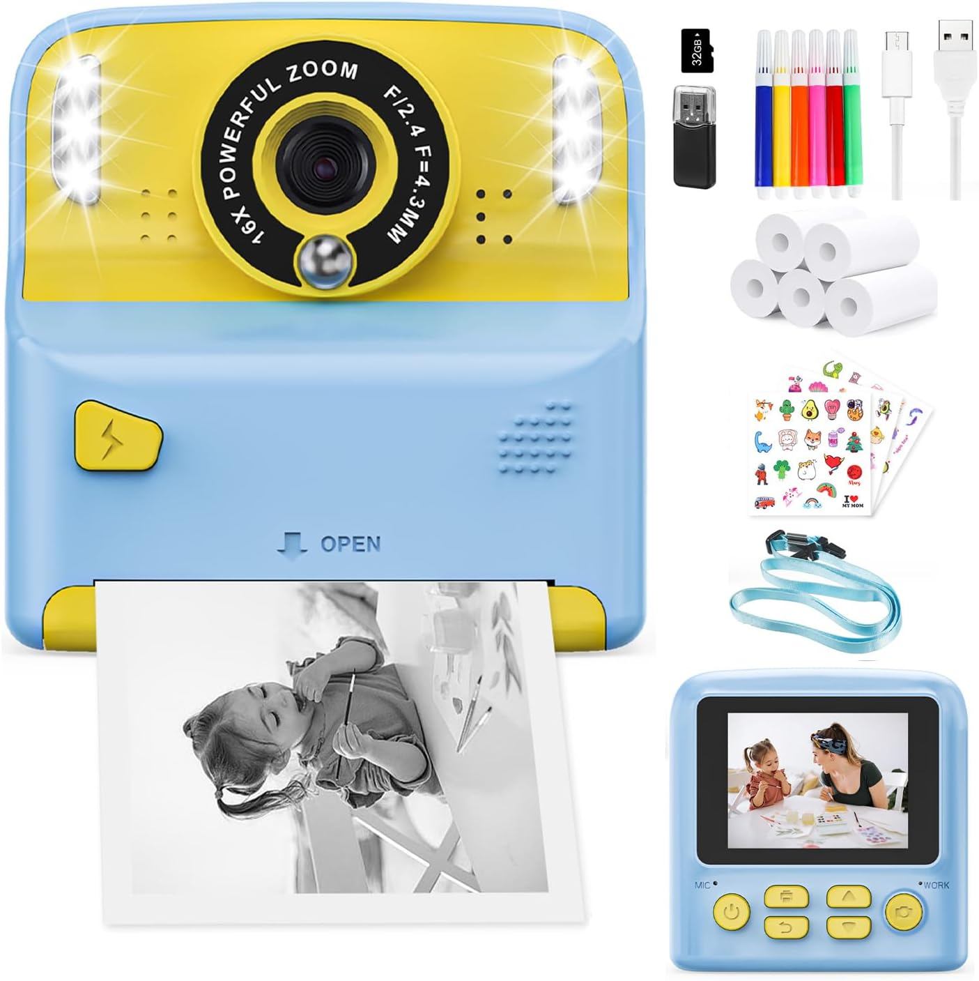 Kids Instant Print Camera with 2 Flash Lights, Children Selfie Digital Camera with 2.4 Inch Screen, 32GB Card, 5 Rolls Print Paper for Age 3-12 Girls Boys Toy Gifts Travel (Blue)
