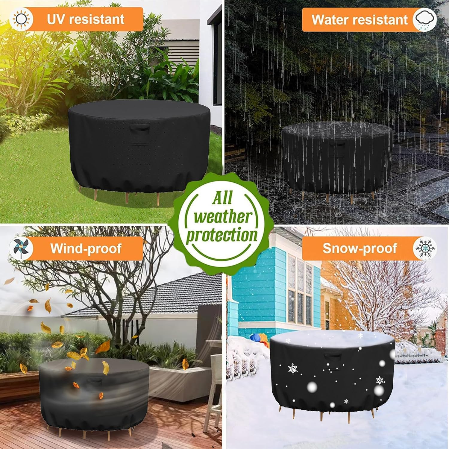 KALINCO Patio Furniture Covers, Heavy Duty 420D Outdoor Furniture Cover Waterproof, Outdoor Table and Chair Set Cover Wind Dust Proof (Black, Round: 280&times;71Cm) image number 5