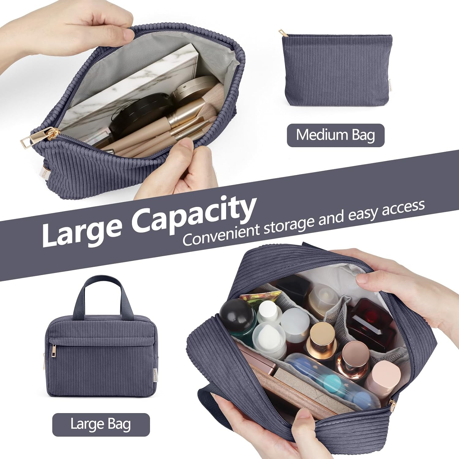 Cosmetic Bag Corduroy Makeup Bag, 2 Pcs Make up Bags Women Large Travel Cosmetic Bag Portable Makeup Bag with Handle for Girls Women(Gray) image number 5