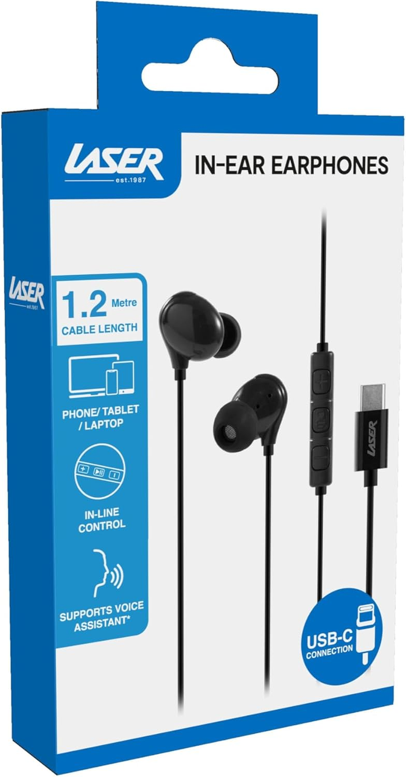 Laser Wired In-Ear Earphones with In-Line Controls, USB-C, Headphone, Black image number 1