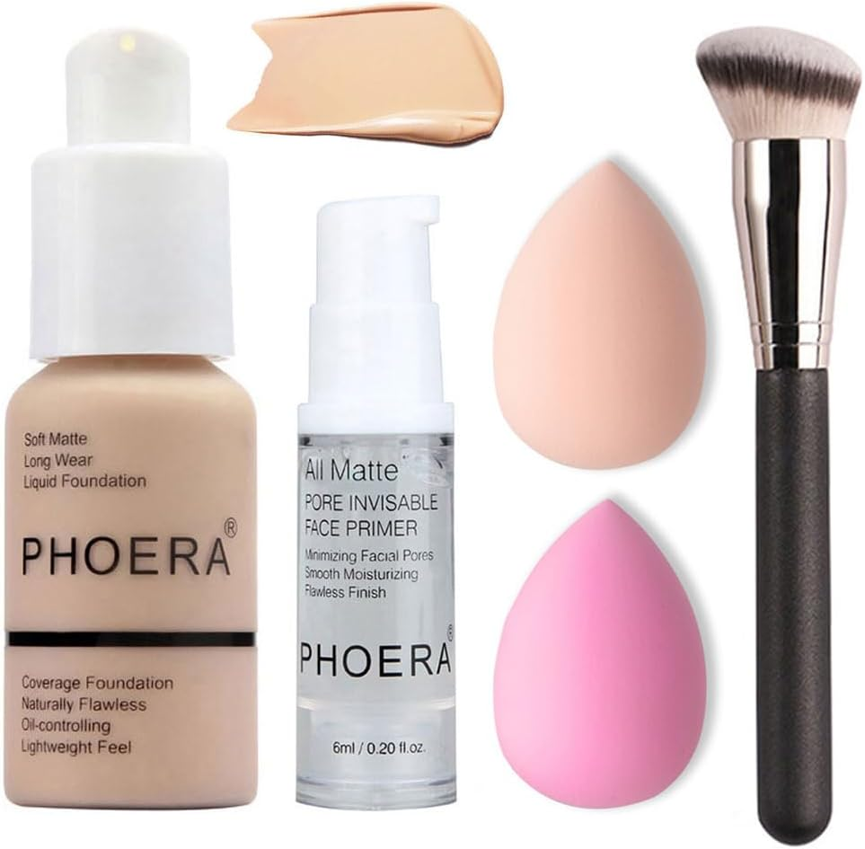 Bestland 5PCS Liquid PHOERA Foundation Set Matte Liquid Full Coverage Oil Control Breathable Invisible Cover Concealer with Face Primer, Foundation Brush, Makeup Sponge (102 Nude)