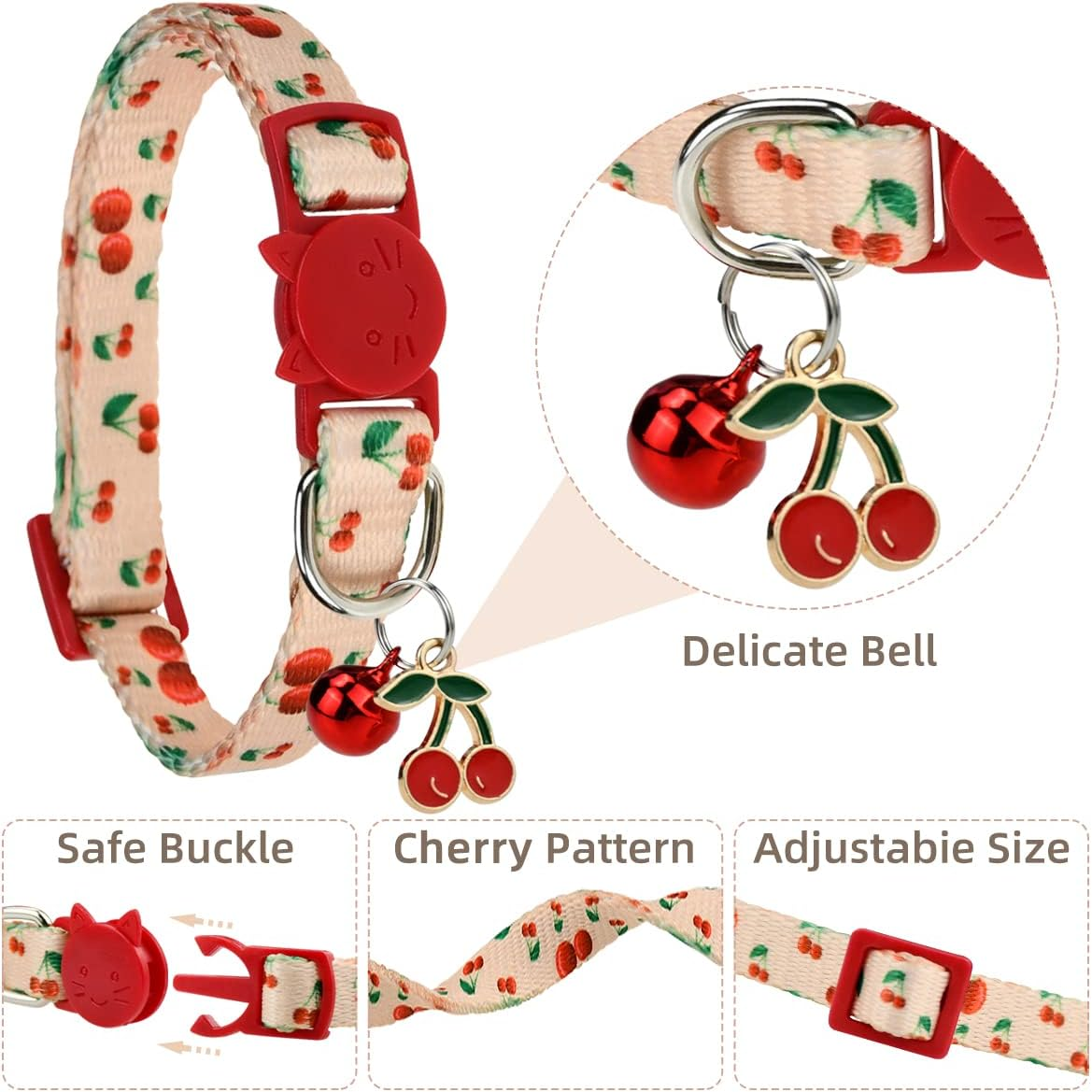 Cooshou 4Pcs Breakaway Cat Collars with Bells Kitten Collar Breakaway Friut Plaid Collar with Pineapple, Cherry, Lemon, Avocado Adjustable Collars for Female Girl Cats Male Boy Cats image number 4