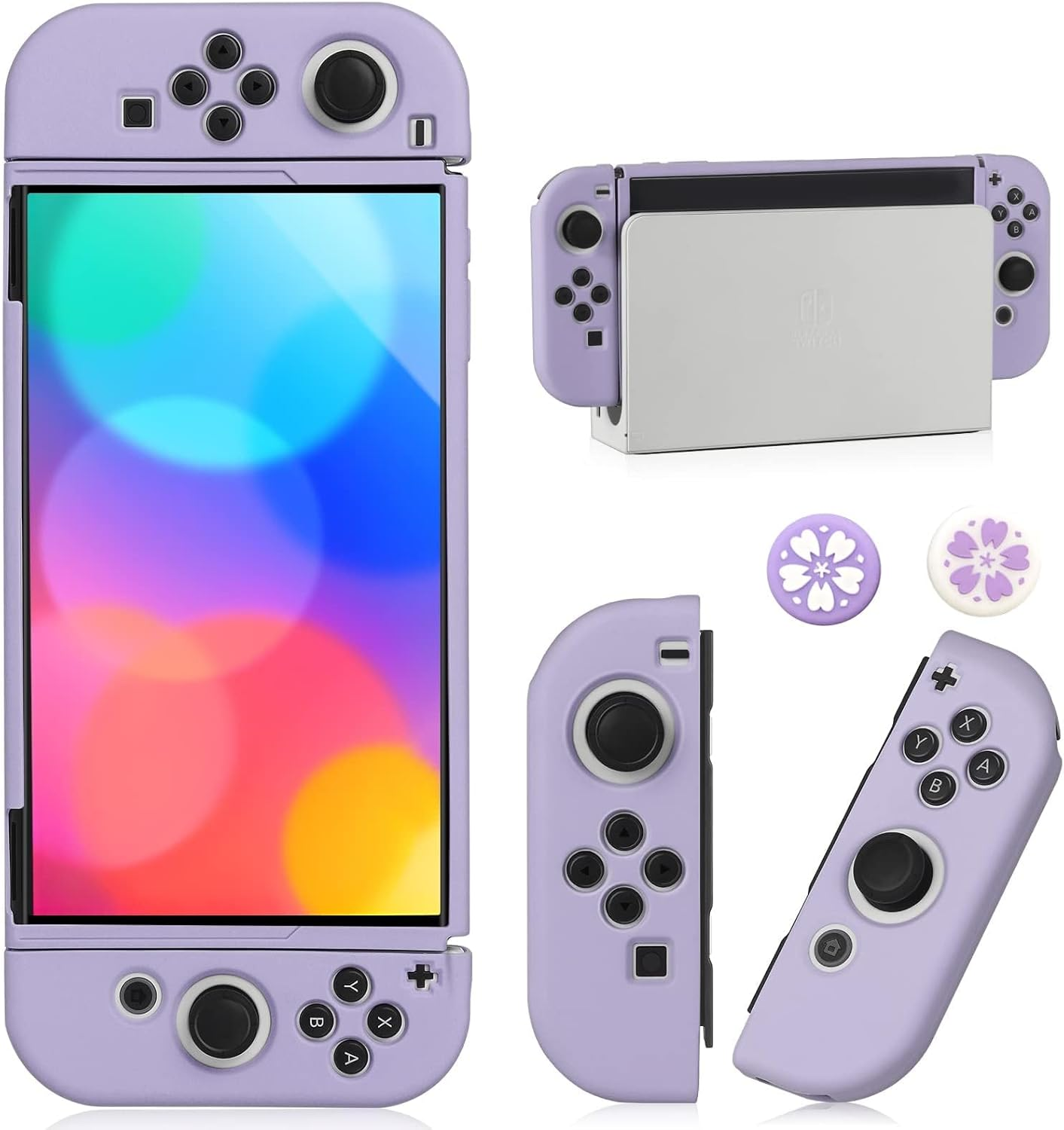 Dockable Case for Nintendo Switch OLED Model 2021, Soft TPU Protective Cover Case for Switch OLED Console and Joy-Con Controller with 2 Pcs Thumb Grip