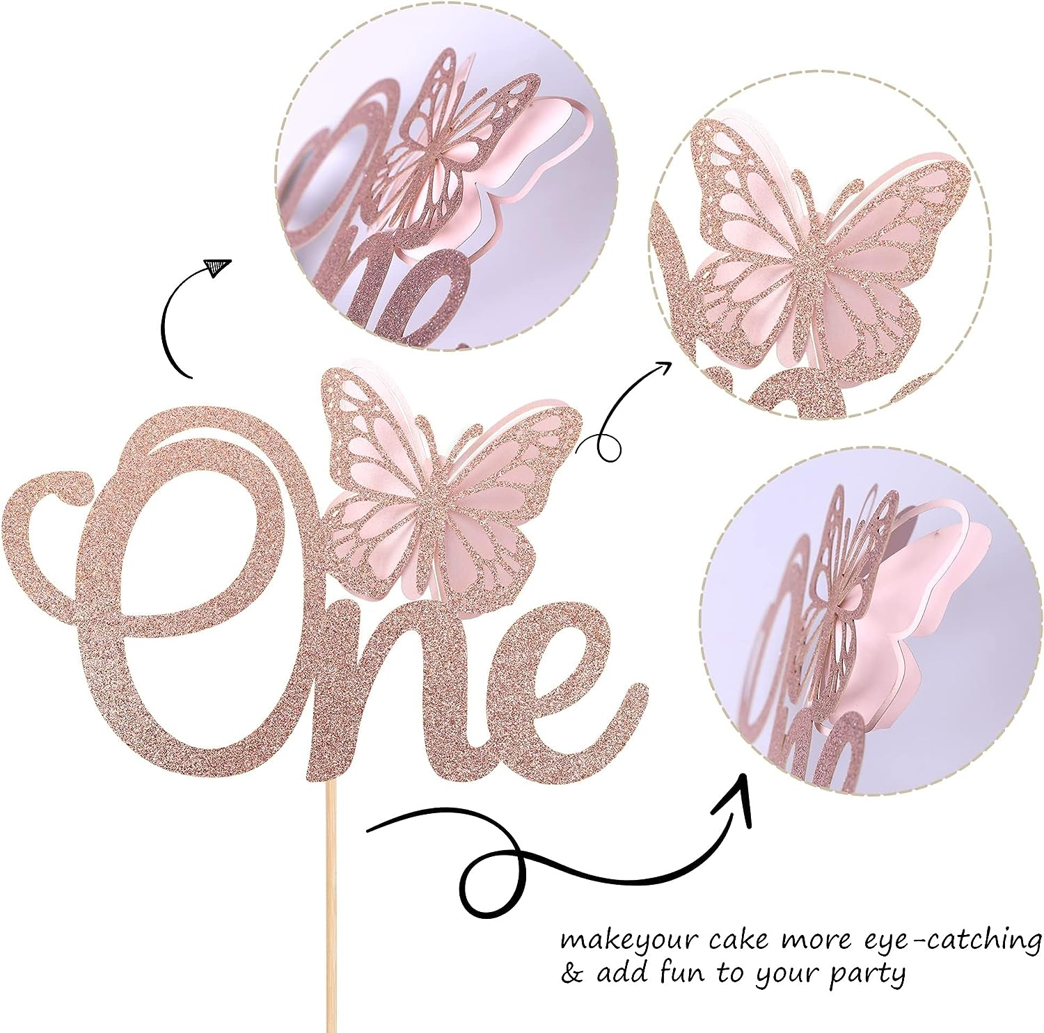 SYKYCTCY 1 Pack Butterfly One Cake Topper Glitter Butterfly 1St Birthday Cake Pick for Butterfly Theme Baby 1St Birthday Baby Shower Party Cake Decorations Supplies Rose Gold