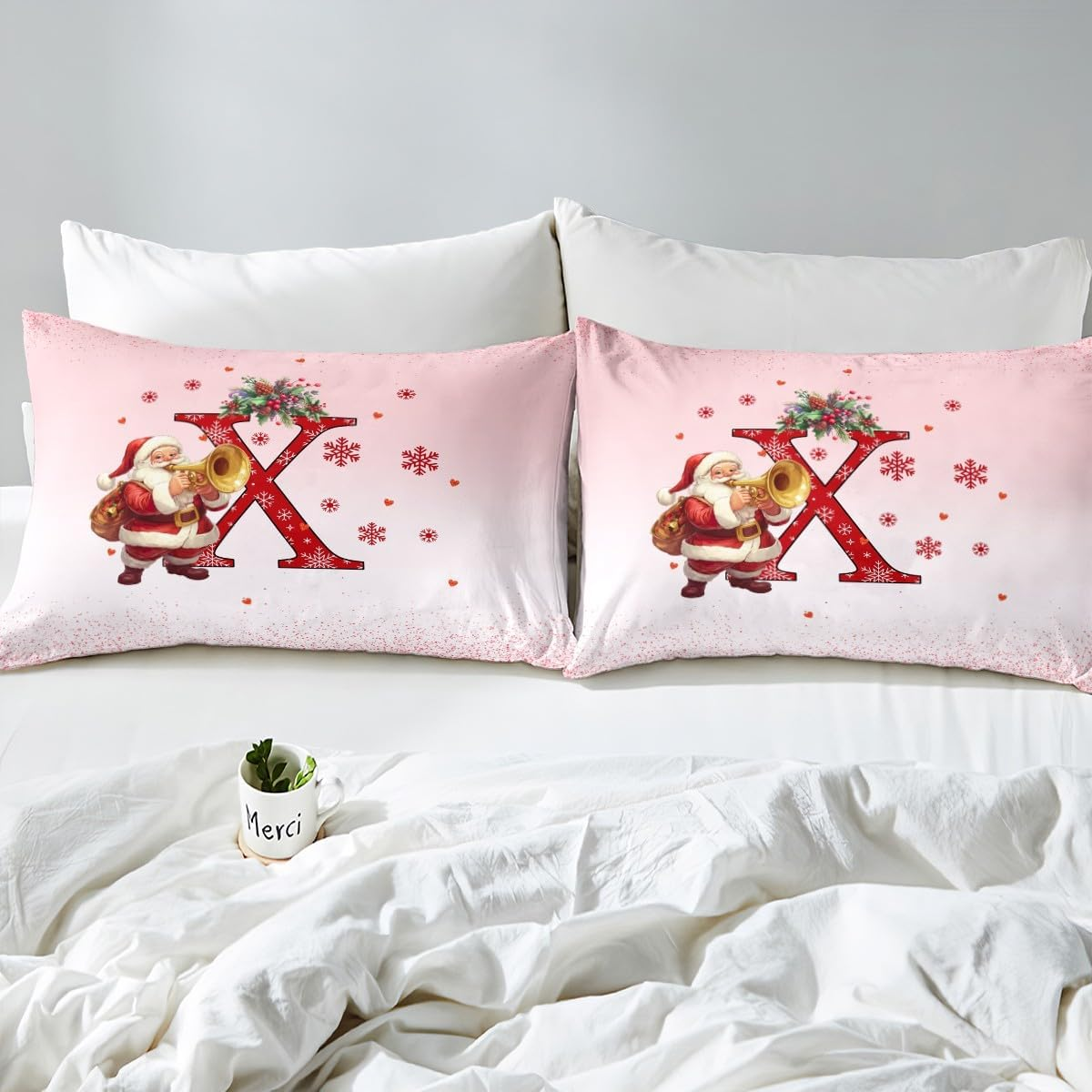 Homemissing Children'S Pink Christmas Theme Bedding Set 135 X 200 Cm Alphabet Personalised Initials Letter X Duvet Cover Boys Girls Christmas Snowflakes Santa Claus Bedding Set image number 6