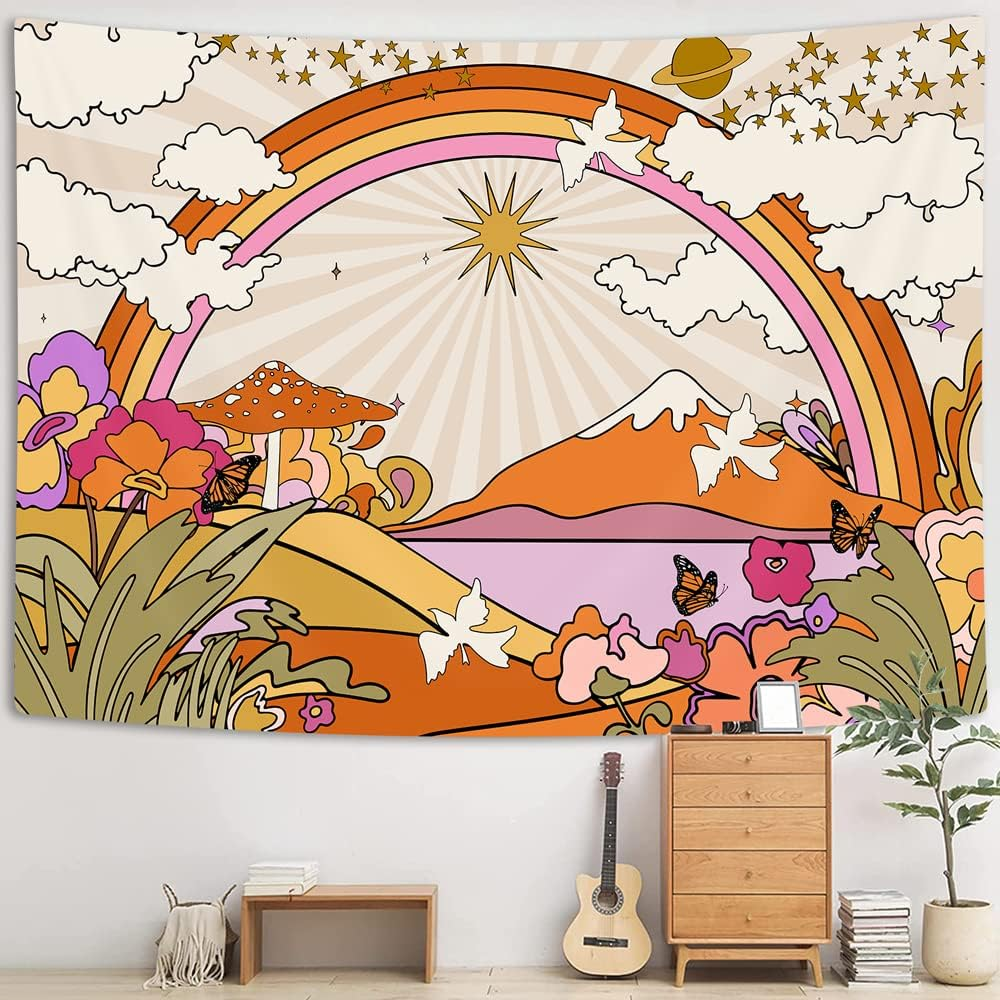 TOMOZ Vintage 70S 60S Groovy Tapestry, Retro Flowers Clouds Sun and Rainbow Tapestry Wall Hanging, Orange Boho Aesthetic Tapestry for Bedroom Living Room Dorm Decor 60 X 51Inch