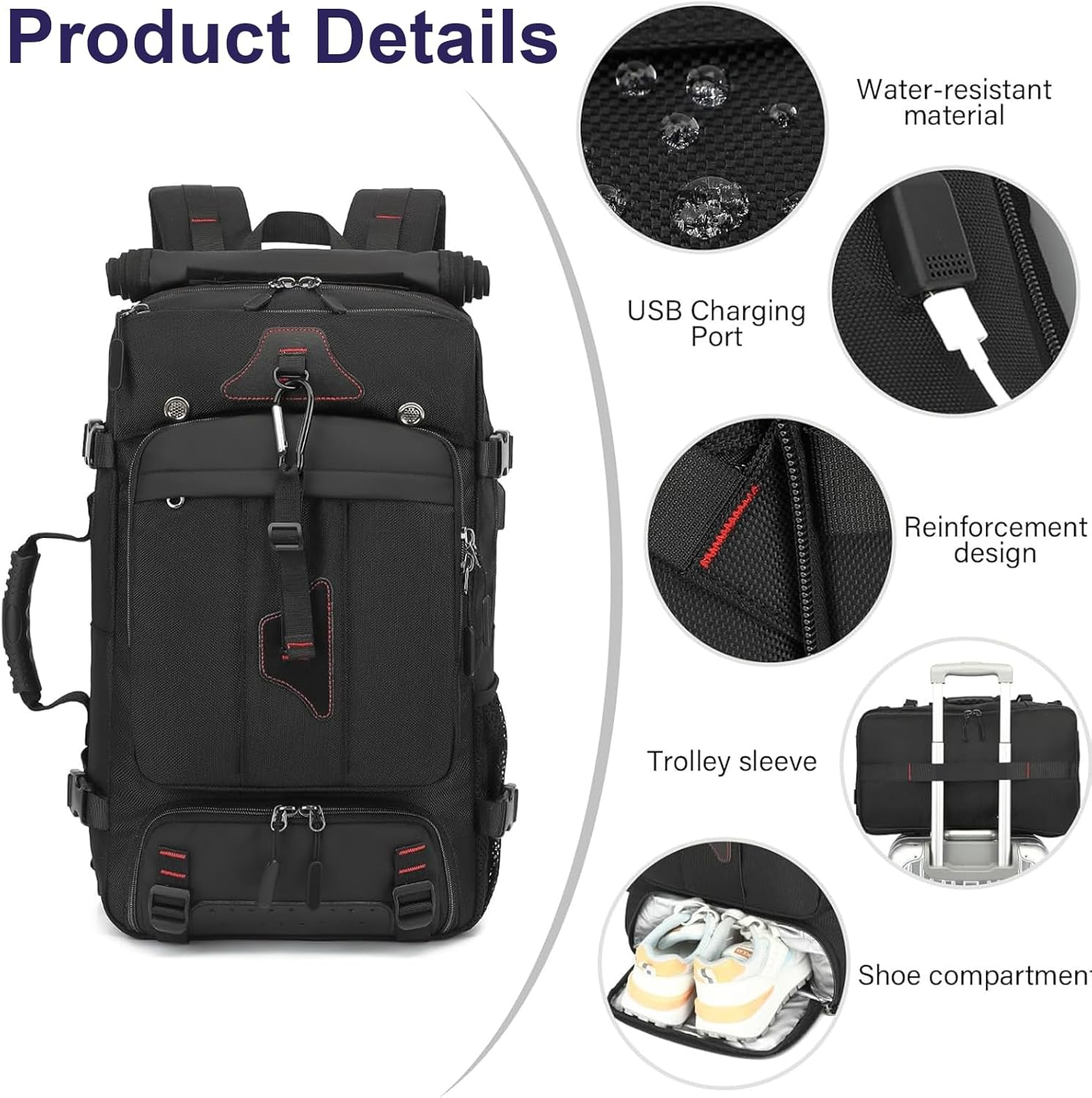 YUDSKU Travel Backpack 60L, Extra Large Carry on Backpack, Waterproof Travel Laptop Backpack, Durable Convertible Duffle Bag Fit for 17 Inch Laptop, with USB Charging Port, Shoe Compartment&Wet Pocket image number 3