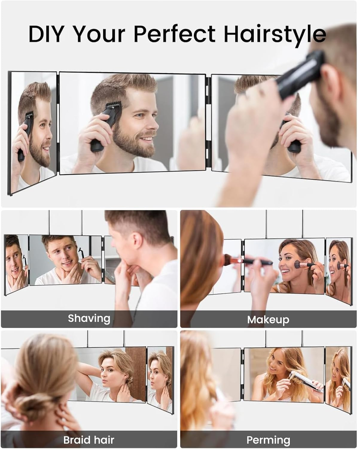 Cozioz 3-Way Trifold Mirror for Hair Cutting, Adjustable & Foldable Portable Mirror with Retractable Height Hook, Ideal for DIY Haircuts, Hair Coloring, Braiding, Shaving & Makeup image number 4