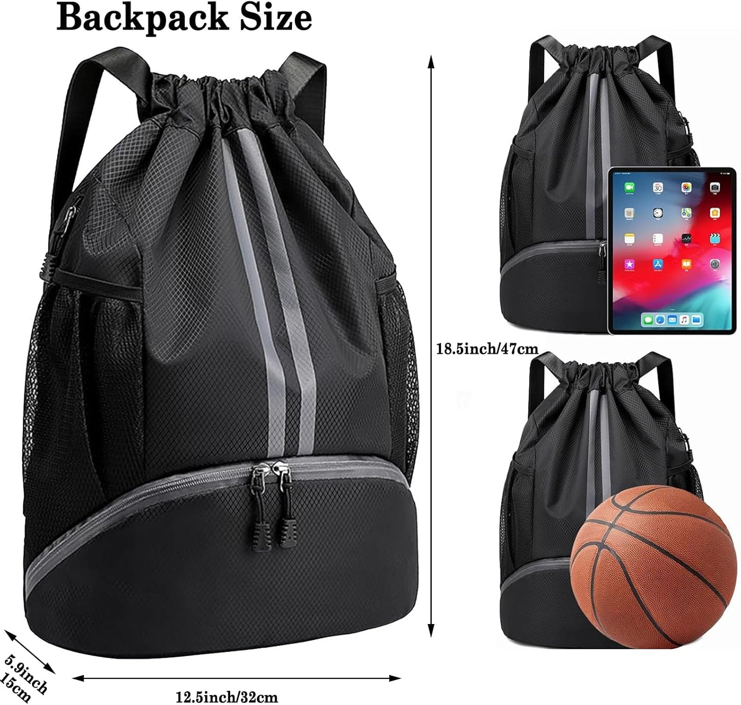 Sports Drawstring Backpack - String Swim Gym Bag for Women Men (Zipper/Shoe Compartment/Wet Pocket/Mesh/Water Resistant) Lightweight String Bag for Travel Soccer Swim, Black image number 5