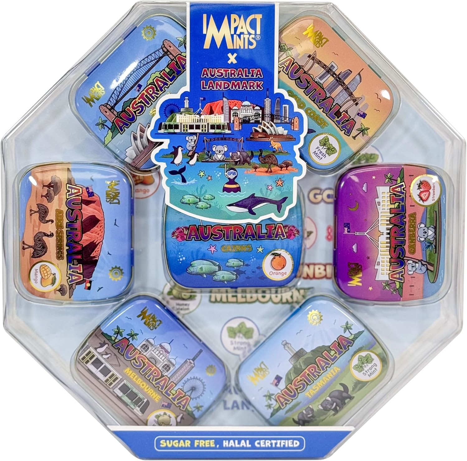 Impact Mints Australia Landmark Sugar-Free Halal Certified Candy Gift Set, 7 Collectible Tins with Mixed Flavors, Souvenir Collection image number 1