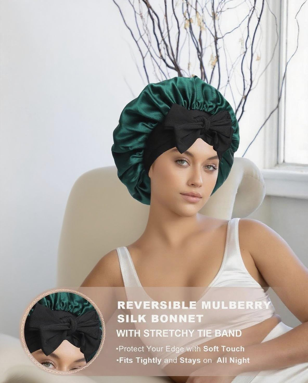 Anicika 100% Silk Bonnet for Sleeping, 22 Momme Pure Mulberry Silk Hair Bonnet Natural Silky Women Sleep Cap with Elastic Reversible Hair Wrap Green image number 4