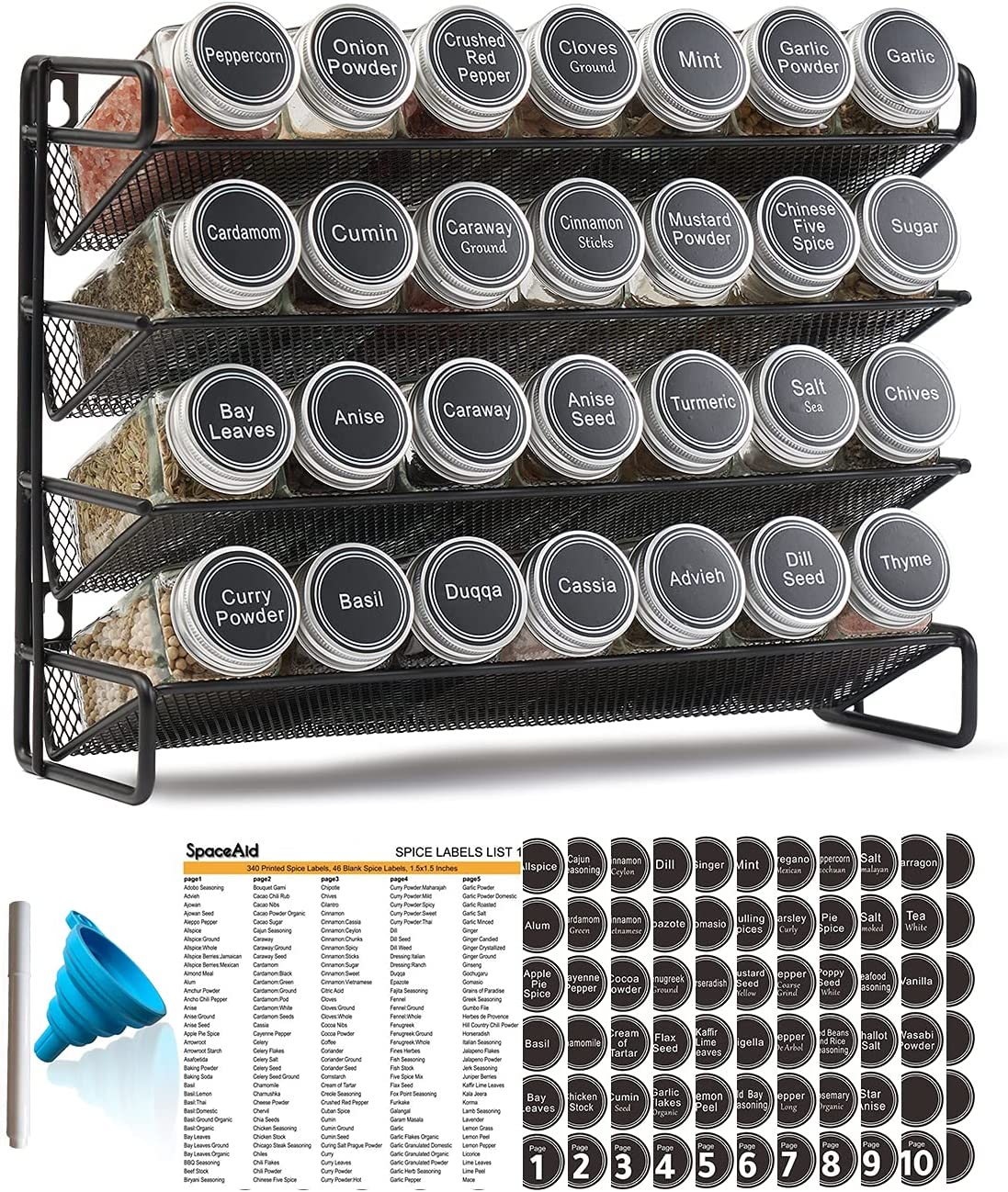 Spaceaid Spice Rack Organizer with 28 Spice Jars, 386 Spice Labels, Chalk Marker and Funnel Set for Cabinet, Countertop, Pantry, Cupboard or Door & Wall Mount - 28 Jars, 13.4" W &times; 10.8" H, Black