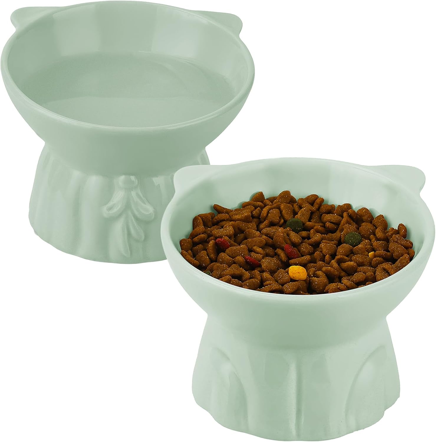 Ceramic Elevated Cat Bowls, 2Pc Extra Wide Raised Cat Bowls for Food and Water, Shallow Cat Food Dish Whisker Friendly, anti Vomit Cat Bowls Microwave and Dishwasher Safe, Great Height for Cat (White)