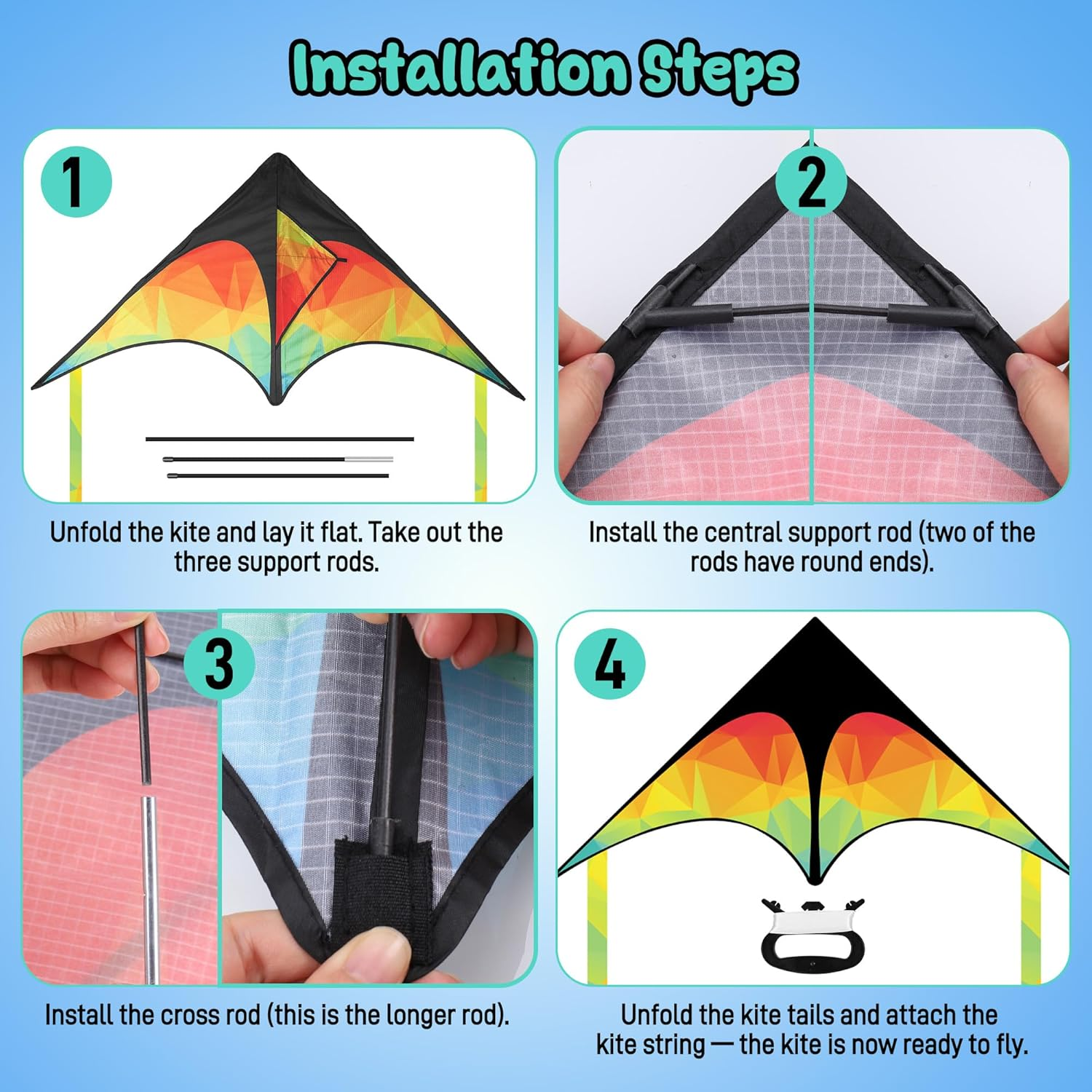 Zocipro Large Colourful Delta Kite Children, 125 X 65 Cm Single Line Flight Kite with 50 M Cord, Lightweight Children'S Kite for Jumping Kite, Kite for Beginners and Outdoor Beach Games image number 2