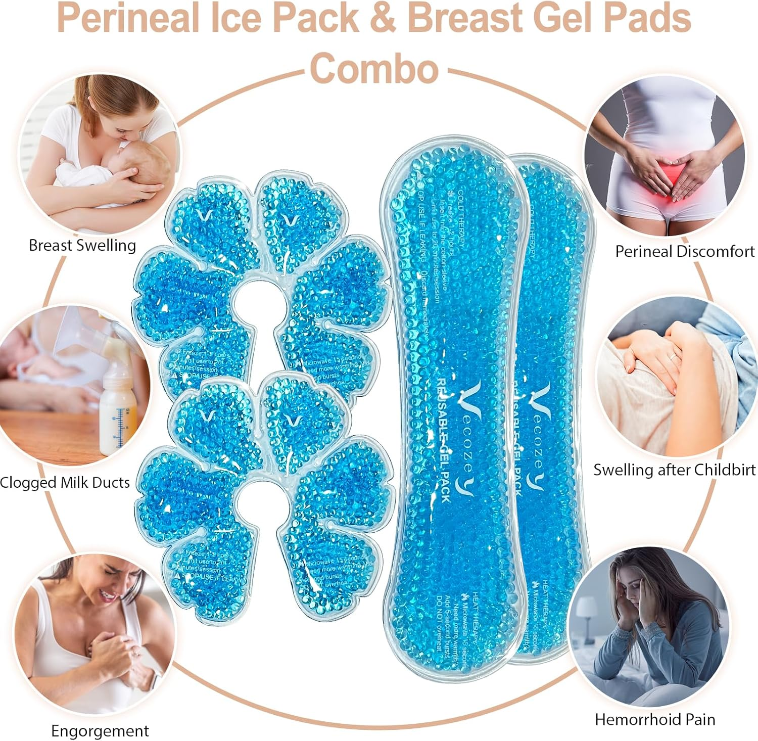 Vecozey Perineal Ice Packs & Breast Therapy Gel Packs Set with Soft Washable Covers for Engorgement, Mastitis, Hemorrhoids & after Birth Discomfort, Postpartum Recovery Kit with 4 Reusable Ice Packs