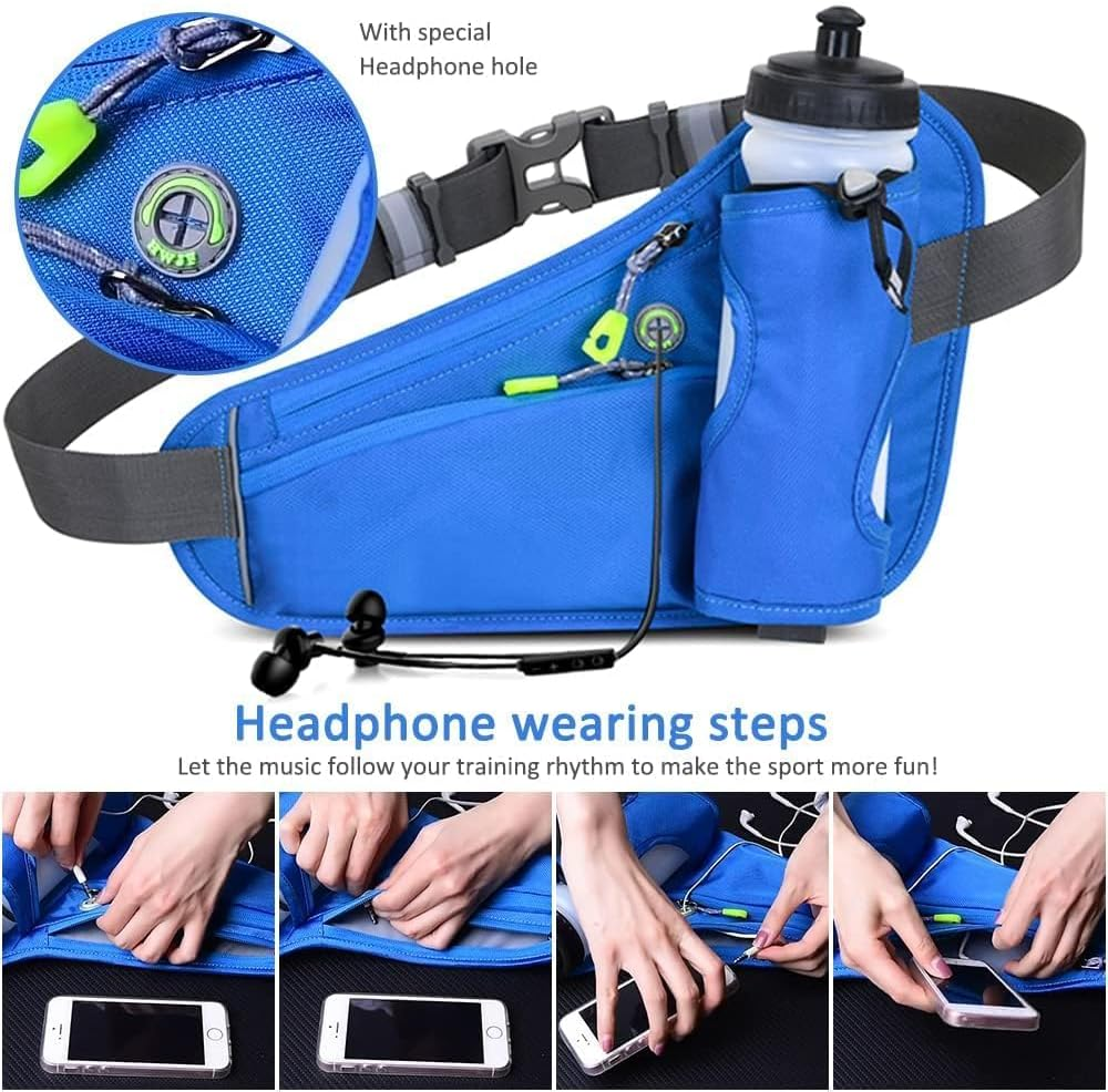 Lightweight Running Belt with Water Bottle Holder, Water Resistant Running Belts with Reflective Strips and Headphone Hole, Runner Belt & Workout Fanny Pack for Men, Woman, Kids (Blue) - Grey image number 2