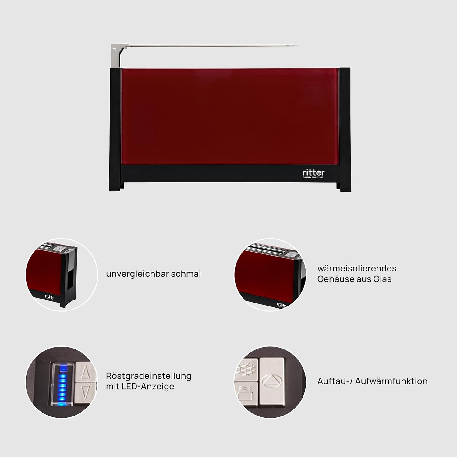 Ritter Volcano 5 Long Slot Toasters with Bun Attachment, Extra Slim, Made in Germany, Red image number 5