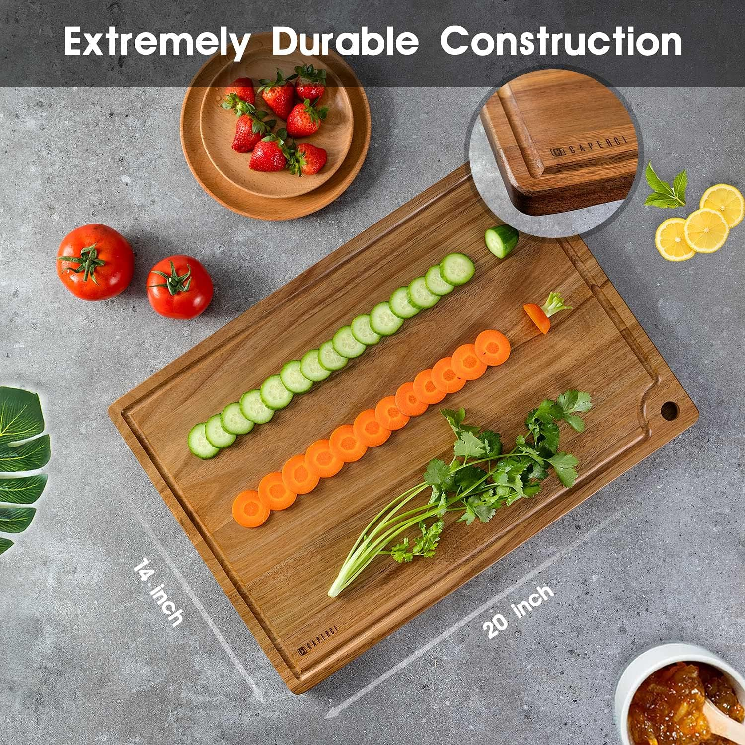 Extra Large Reversible Wood Cutting Board with Juice Groove - Caperci Better Kitchen Acacia Wood Edge Grain Chopping Board for Meat Cheese and Vegetables (XL 20 X 14 '') image number 3