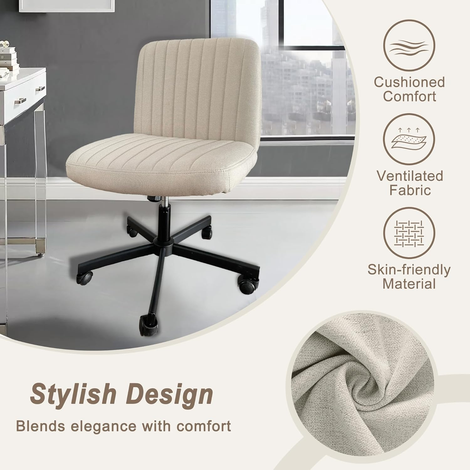 ONEIN Cross Legged Chair, Armless Office Chair with Adjustable Height, 360&deg; Swivel, and Upholstered Cushioned Seat, Modern Ergonomic Desk Chair for Home Office, Vanity, and Study &ndash; Beige