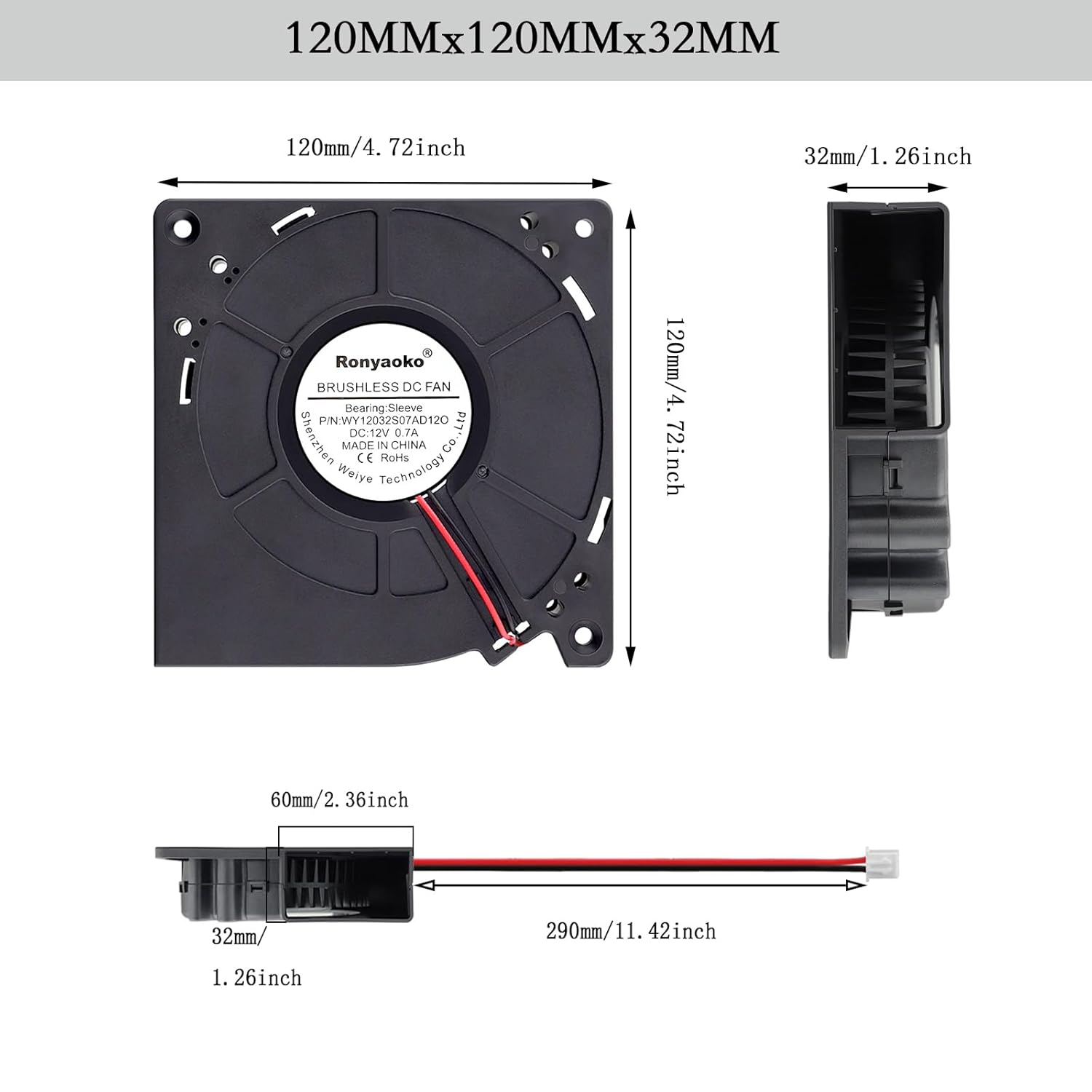 Ronyaoko 12V 0.7A 120Mm X 120Mm X 32Mm 12032 Brushless Turbo DC Blower Cooling Fan image number 3