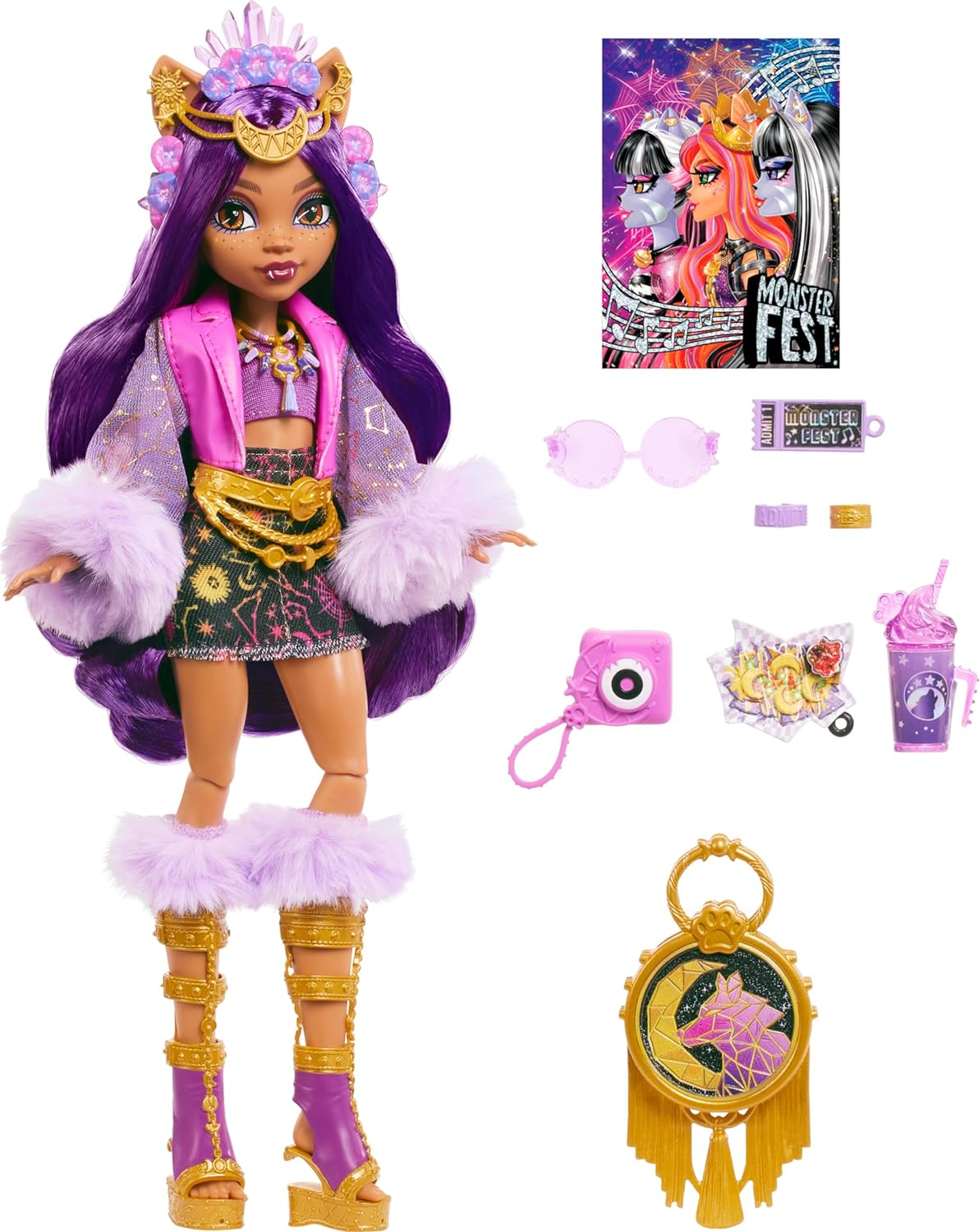 Monster High Monster Fest Doll, Clawdeen Wolf with Glam Outfit & Festival Themed Accessories like Snacks, Band Poster, Statement Bag & More image number 4