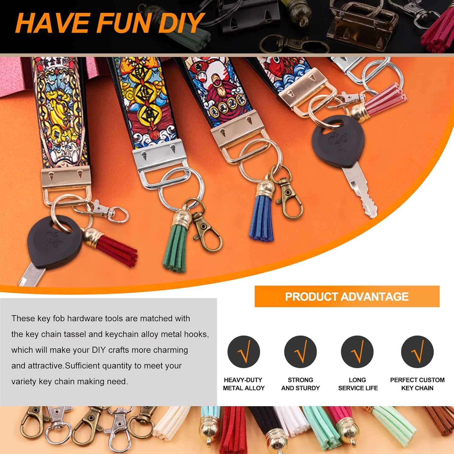 Rustark 51Pcs Key Fob Hardware with Glass Running Pliers Assortment Kit with Tassels Keychain Rings Hardware Accessories image number 4