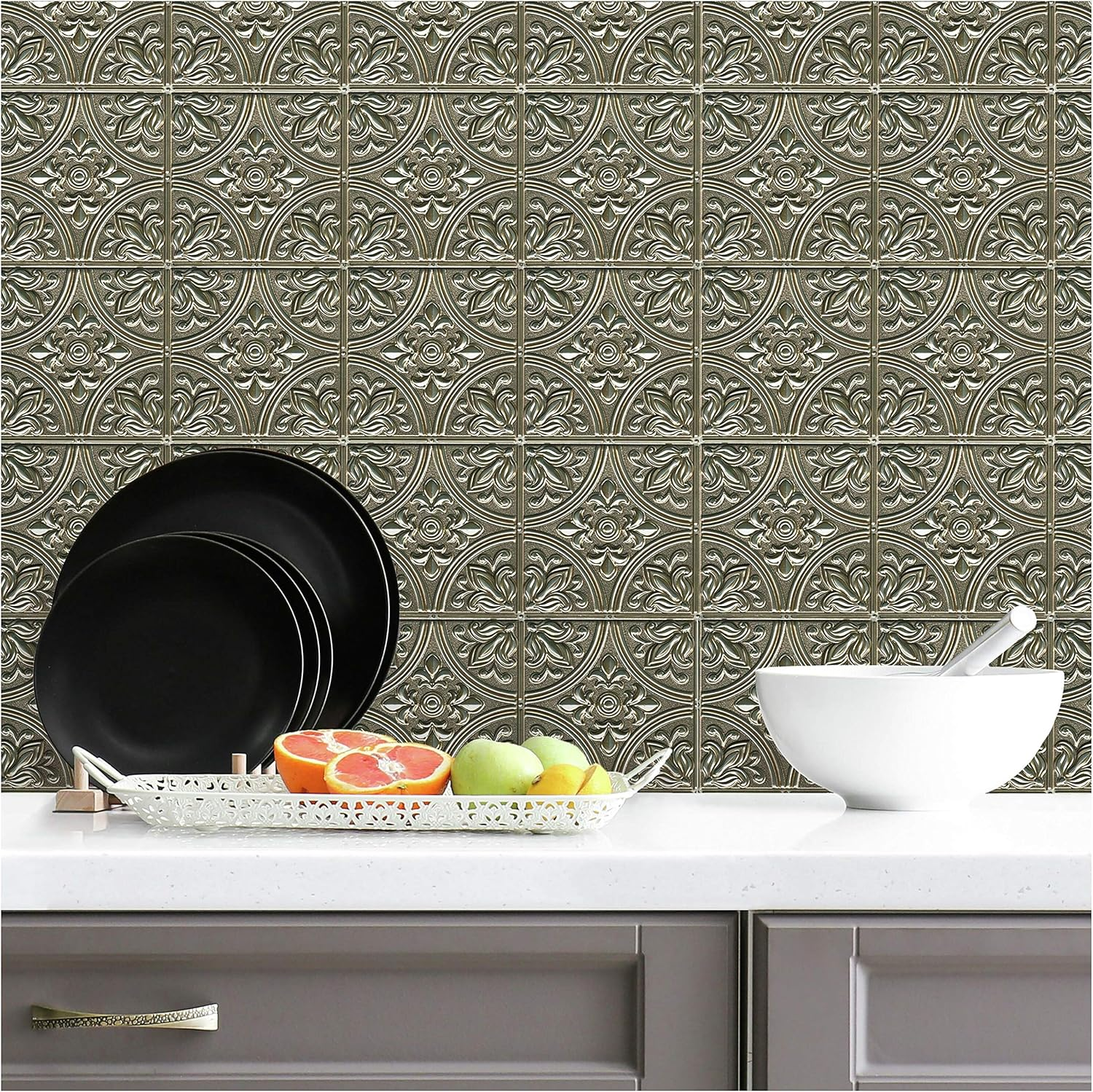 Roommates TIL4873FLT Sticktiles Copper Tin Peel and Stick Tile Backsplash