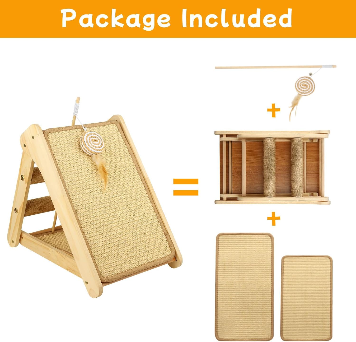 Cozioz Wooden Cat Scratching Ramp with Sisal Surface, Durable Scratch Board and Post Combo for Indoor Cats and Kittens, Includes Interactive Wood Cat Teaser Toy