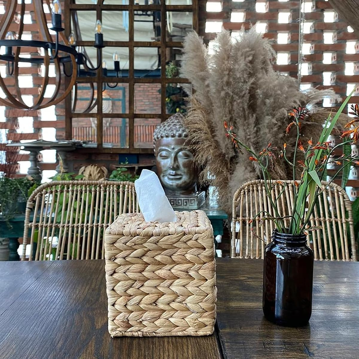 AIMALL Handwoven Water Hyacinth Tissue Box Cover, 5.7 X 5.7 X 5.9 Inches Square Woven Desktop Tissue Holder, Pastoral Style for Home and Office image number 3