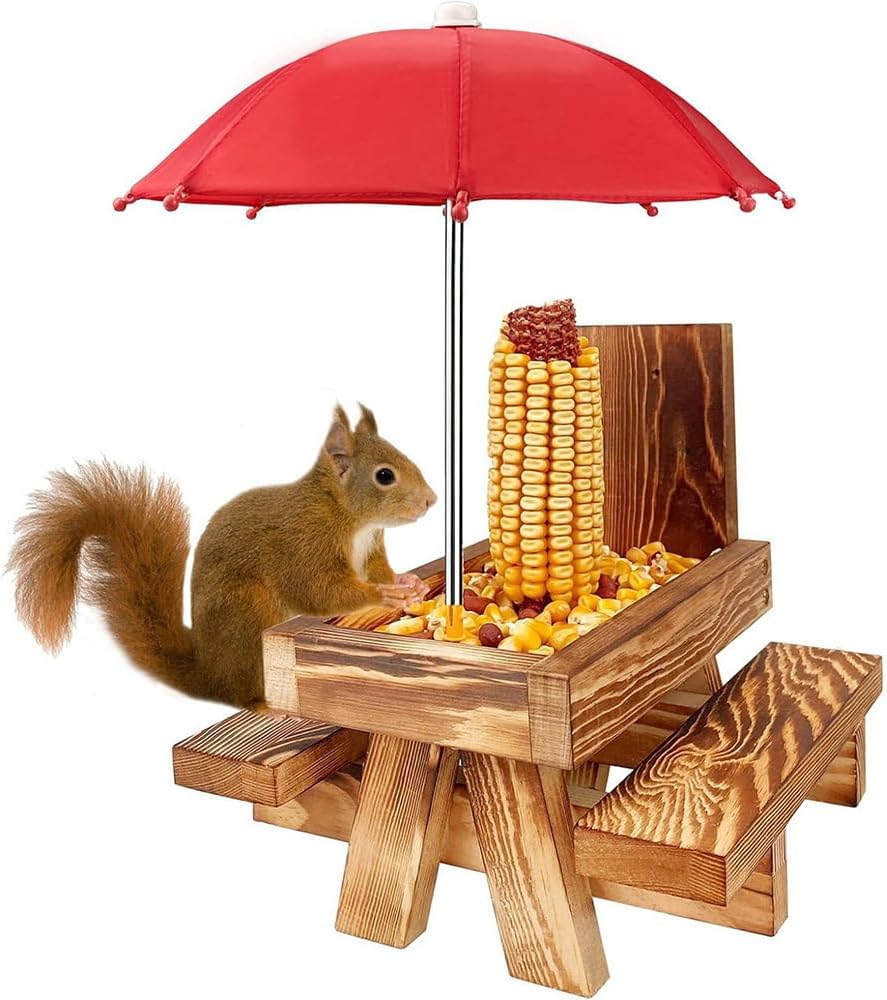 HYAVIA Wooden Squirrel Feeder with Umbrella &ndash; Picnic Table Design with Corn Holder, Hanging Chipmunk Feeding Station for Outdoors, Solid Screwed Wood