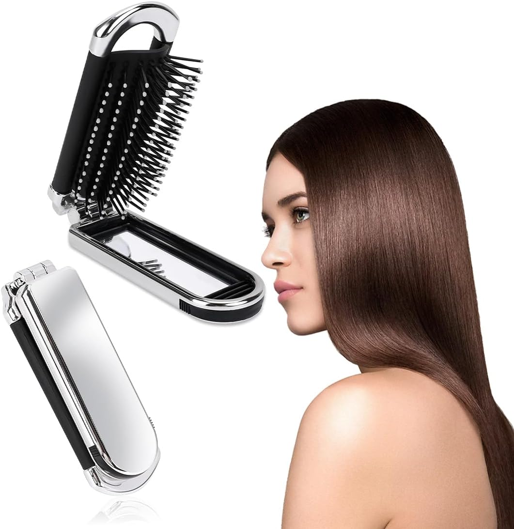 ZEPIQOR Travel Hair Brush with Mirror Foldable Mini Hair Brush Pocket Travel Brush Folding Hair Massage Comb Portable Silver Hair Styling Comb for Men Girls Women image number 3