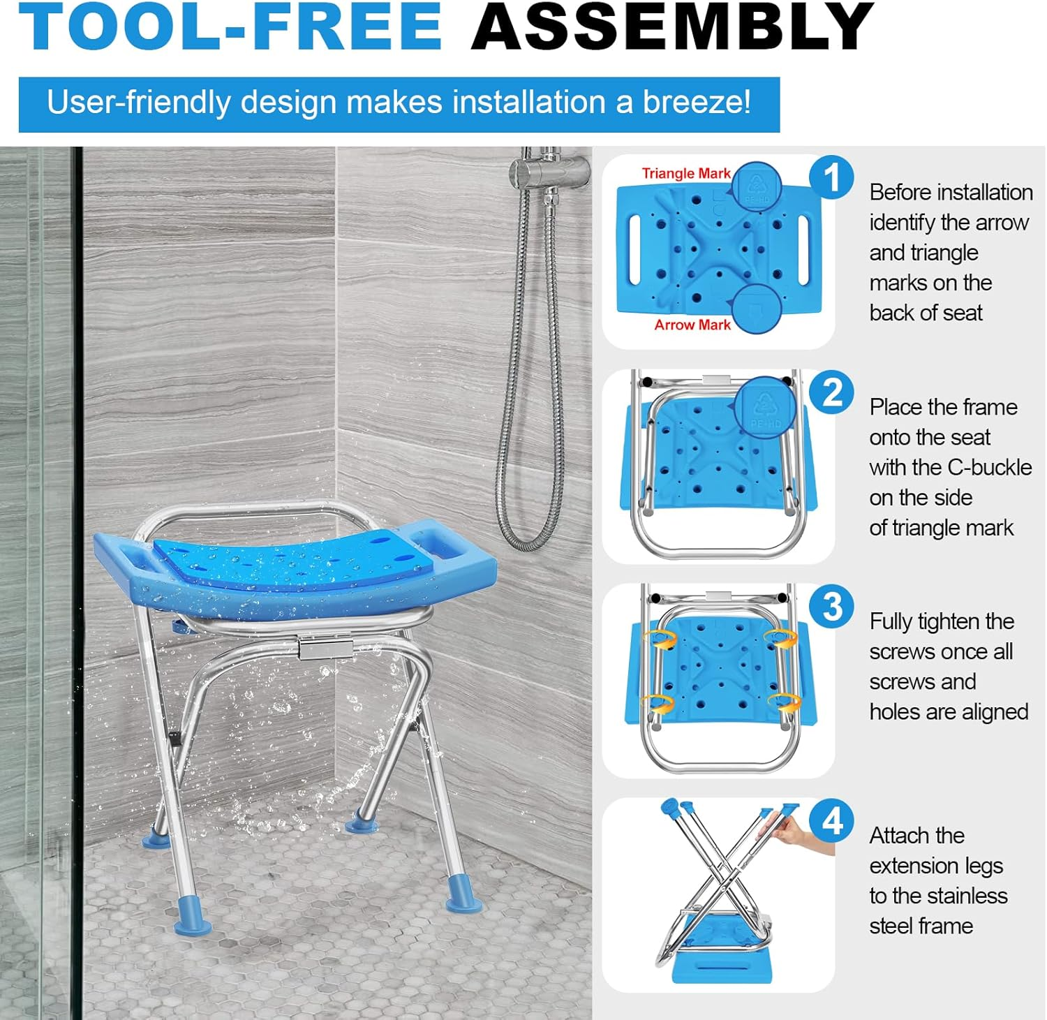 Medhelp Upgraded Folding Shower Chair, Stainless Steel Foldable Shower Seat for inside Bathtub, Lightweight & Portable Travel Shower Stool, Anti-Slip Feet Bath Chairfor Elderly, Disabled, Injured image number 1