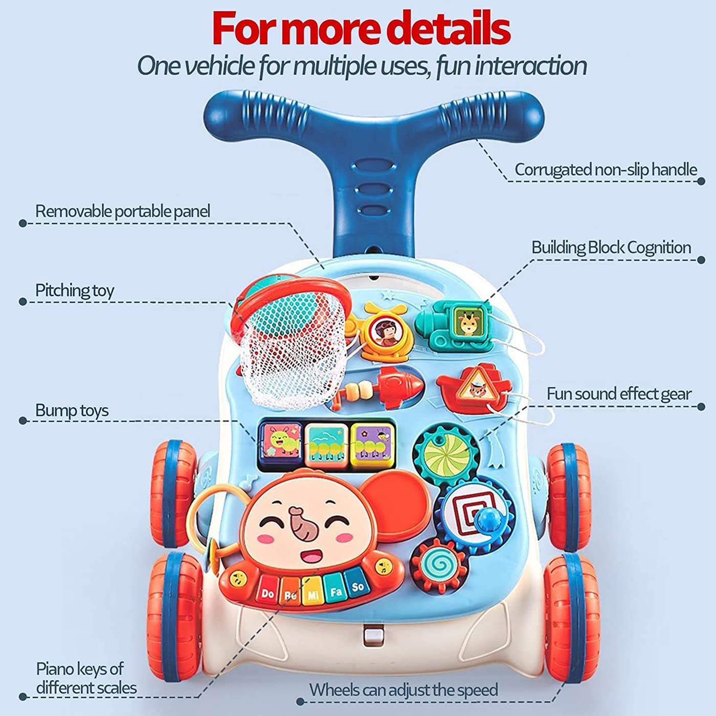 Baby Walker 3In1 Adjustable Height Kids Walker Toy Children'S Music Walker Weight Gain Design Table Lights Music Phone Steering Wheel for Toddlers Boys Girls image number 6