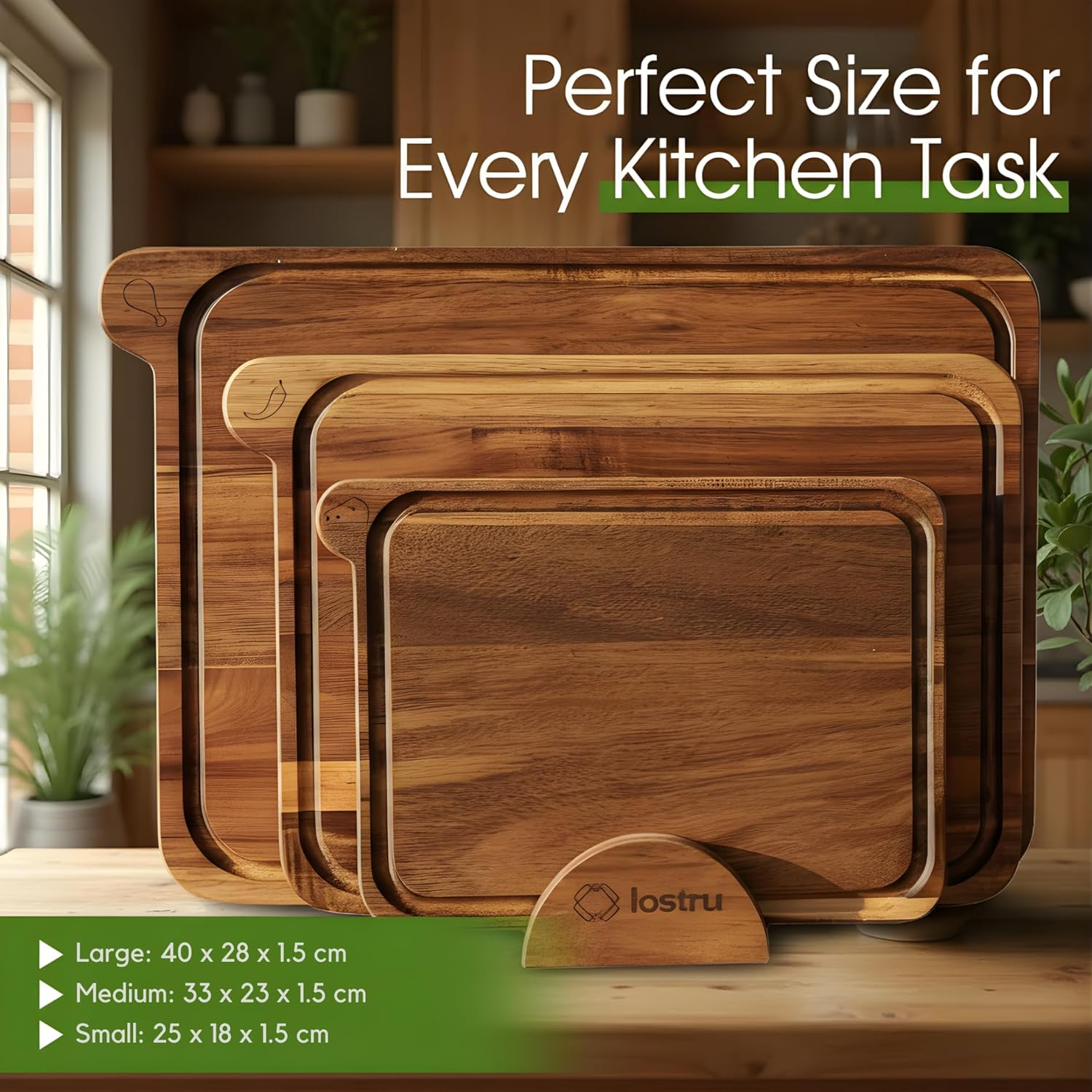 LOSTRU 3-Piece Non-Toxic Acacia Wood Cutting Board Set with Stand - FSC Certified Wooden Chopping Boards - Engraved Food-Safe Icons, Deep Juice Grooves, Kitchen Space-Saving Organizer, Multi-Size