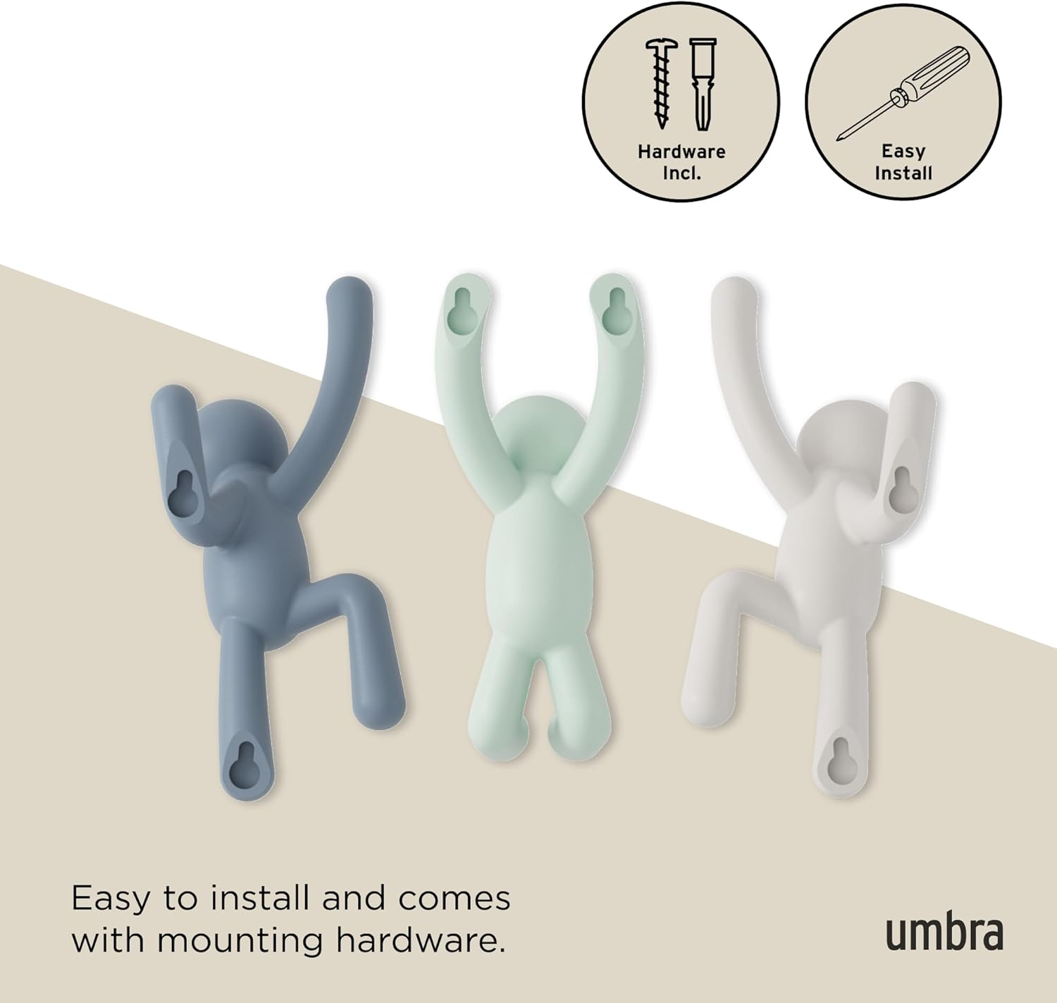 Umbra 318165-370 Buddy Wall Hooks &ndash; Decorative Wall Mounted Coat Hooks for Hanging Coats, Scarves, Bags, Purses, Backpacks, Towels and More, Set of 3, Light Multicolored Hooks & Entry, 10 Inch L X 7.5 Inch W X 3 Inch H - Assorted Grey image number 2