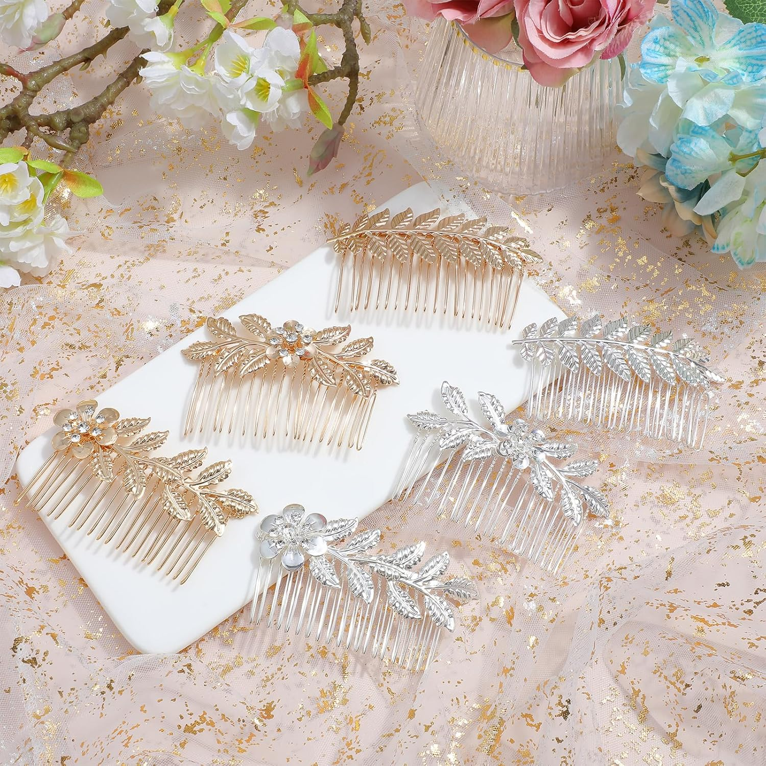 Ymapinc Rhinestone Comb Clips,6 PCS Leaf Silver Gold Hair Combs for Women,French Combs Wedding Hair Accessories for Women Gold Comb Clip for Bridal, Bridesmaid Wedding & Daily image number 4