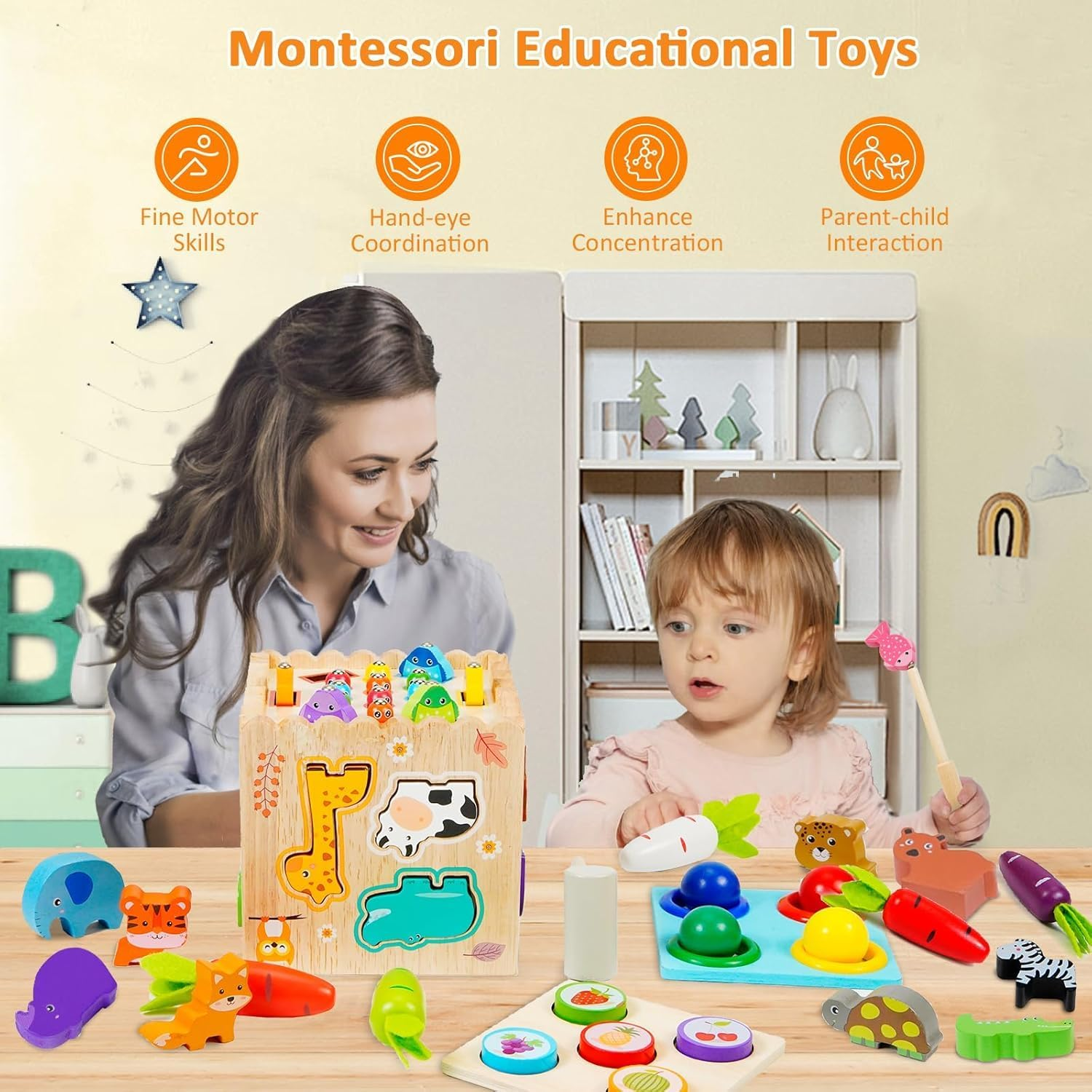 Wooden 8-In-1 Activity Cube, Toddlers Montessori Toys for 1 2 3 Year Old Educational Learning Preschool Learning Motor Skills Game Toy for Baby Boys Girls Birthday Gift image number 6