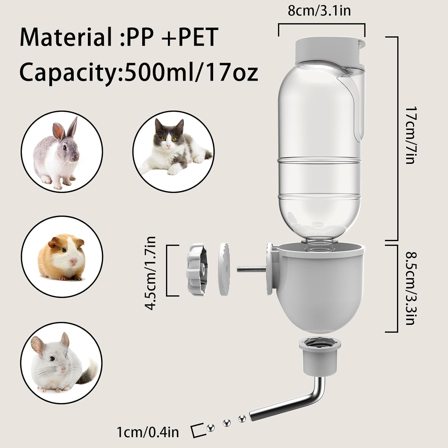 TOKAYIFE Pet Water Bottle for Cage Crate 17Oz Water Dispenser for Small Animal Rabbit Guinea Pig Chinchilla Ferret Squirrel Hedgehog (Gray) image number 3