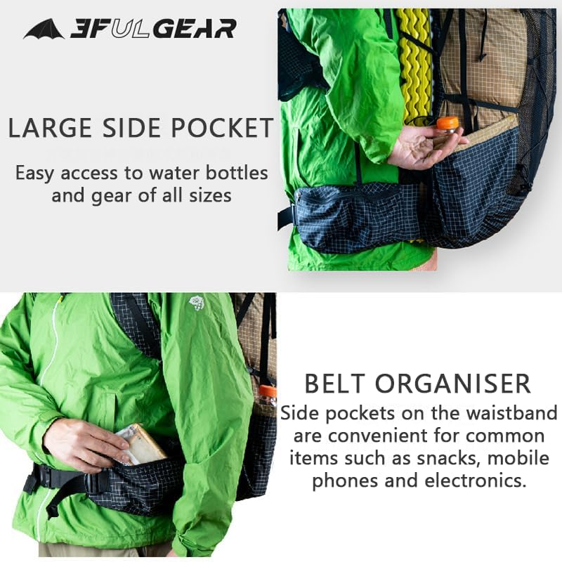 Windhike 3F UL GEAR 56L Internal Frame Hiking Backpack, Lightweight Breathable Pack-Fix Trekking Poles & Moisture-Proof Pads for Backpacking - Black image number 5