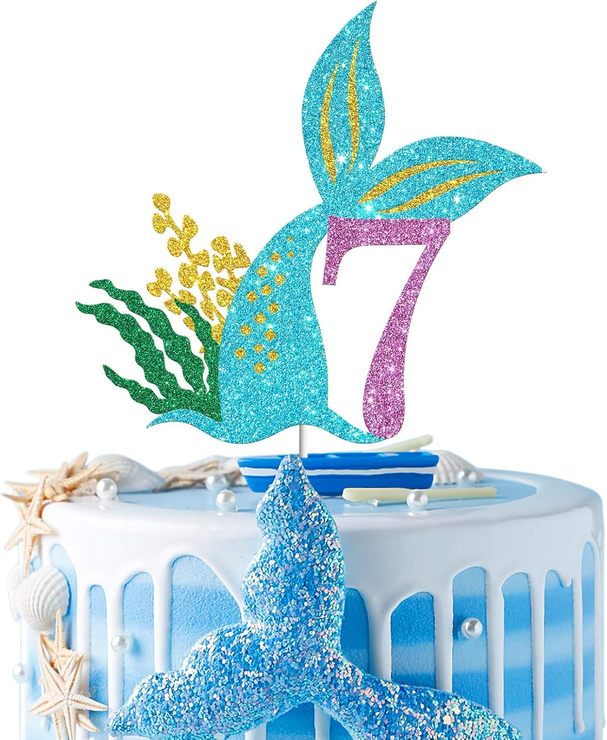 Mermaid Seven Cake Topper, Happy 7Th Birthday Cake Decor, I'M Seven Sign, Little Mermaid Birthday Party Decoration Supplies, Daughter of the Sea, under the Sea Themed, Ocean Themed - Glitter image number 5